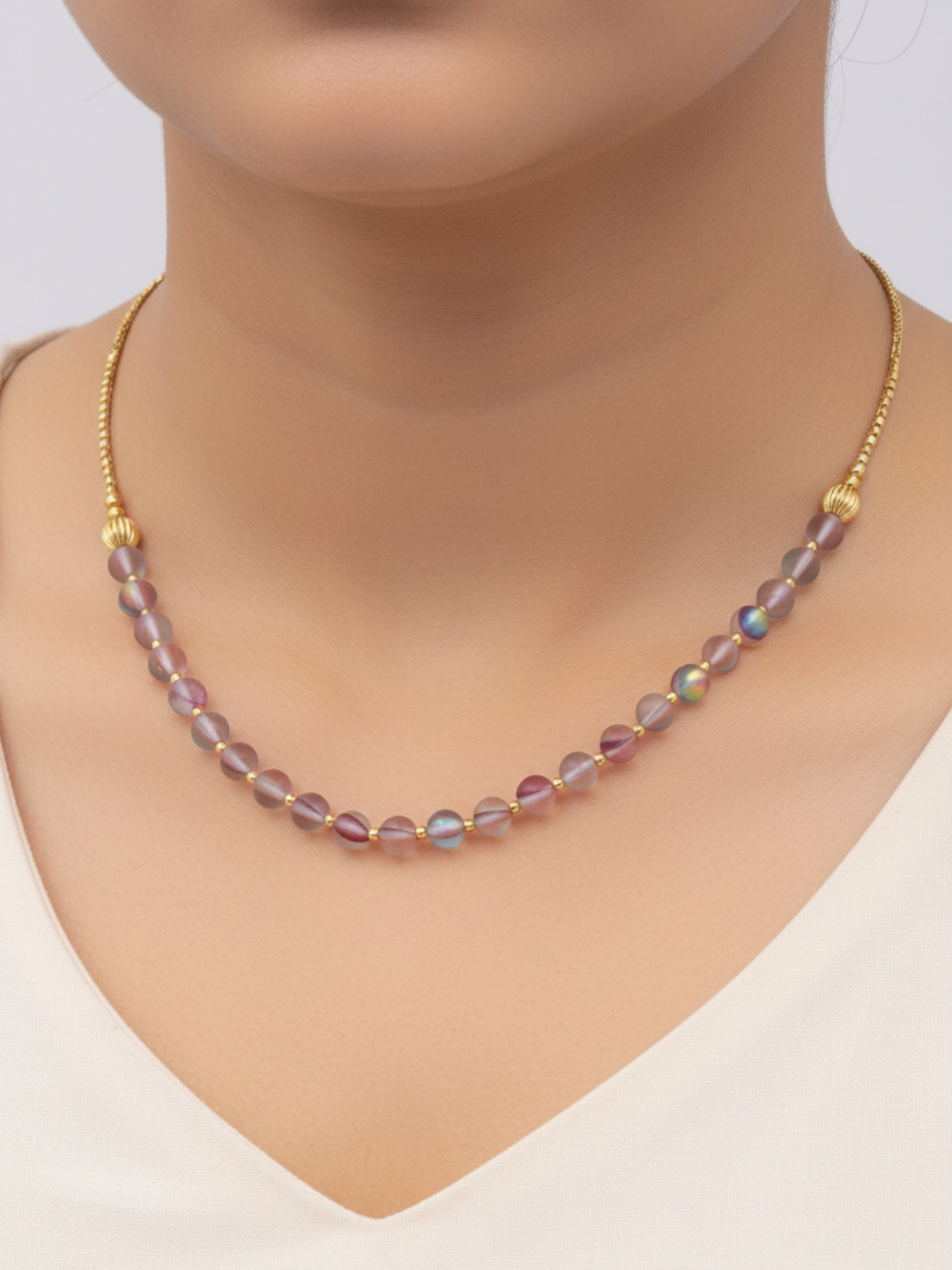 Gold plated Brass Beads with Multi Color Single Line Doublet Stone Light weight Ball Mala Necklace & Golden Brass Chain Drawing String for Closure