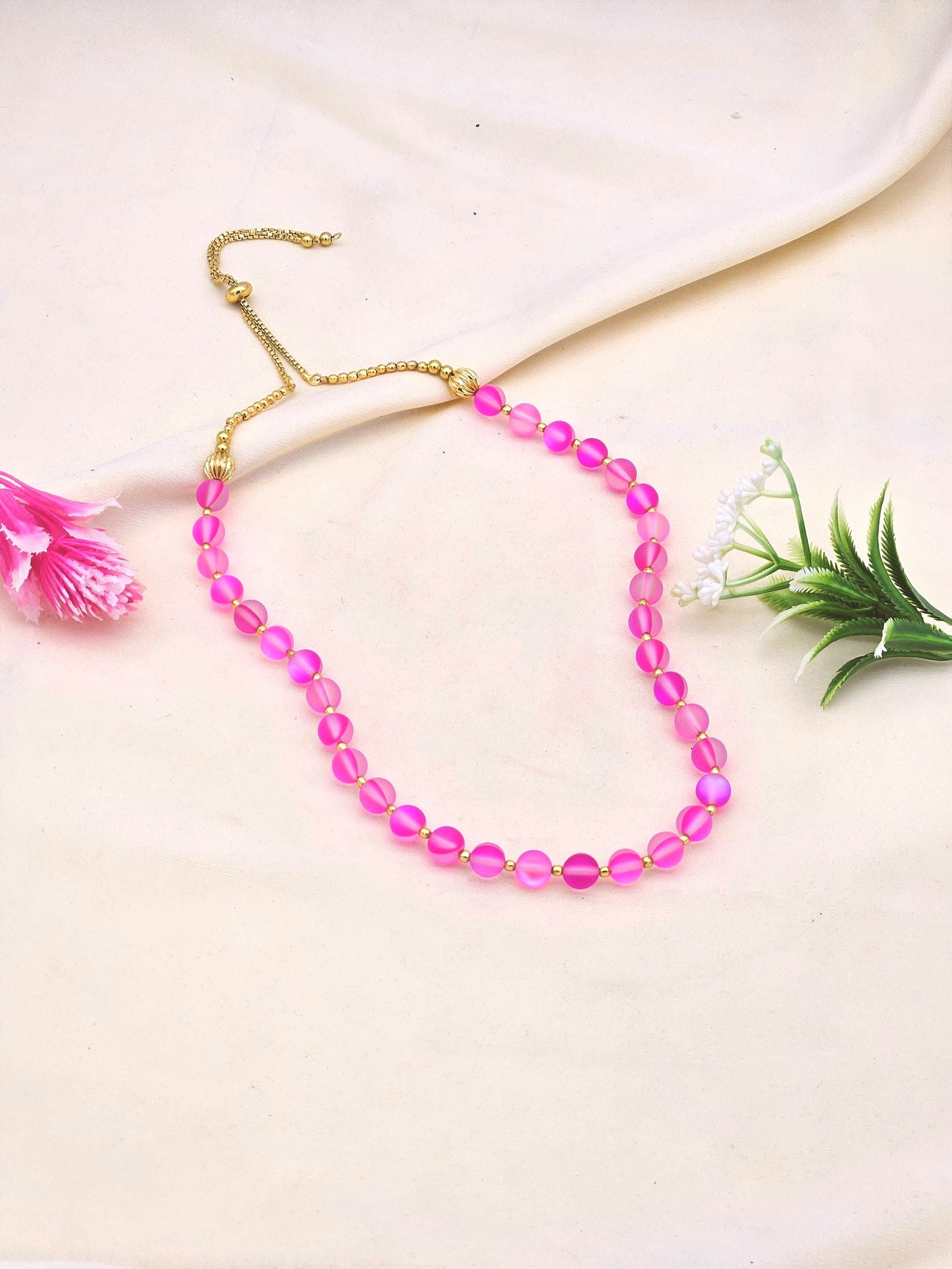 Gold plated Brass Beads with Pink Color Single Line Doublet Stone Mala Necklace & Golden Brass Chain Drawing String for Closure