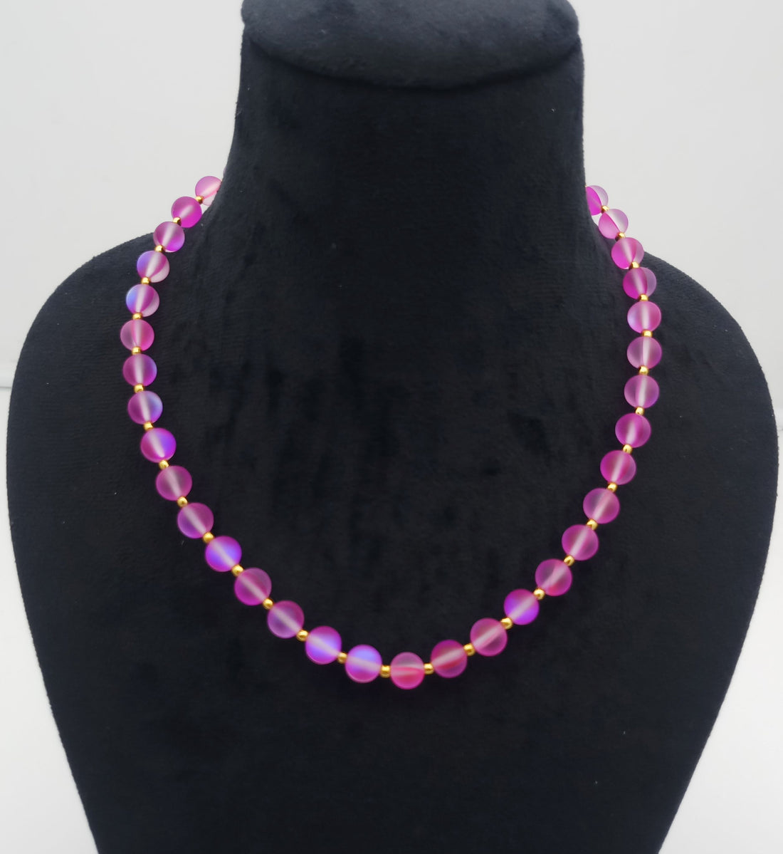 Gold plated Brass Beads with Pink Color Single Line Doublet Stone Mala Necklace & Golden Brass Chain Drawing String for Closure