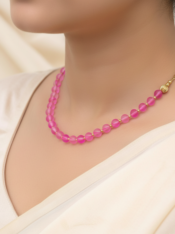 Gold plated Brass Beads with Pink Color Single Line Doublet Stone Mala Necklace & Golden Brass Chain Drawing String for Closure