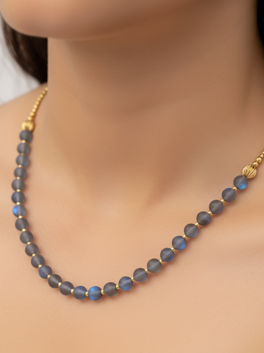 Gold plated Brass Beads with Blue Color Single Line Doublet Stone Mala Necklace & Golden Brass Chain Drawing String for Closure