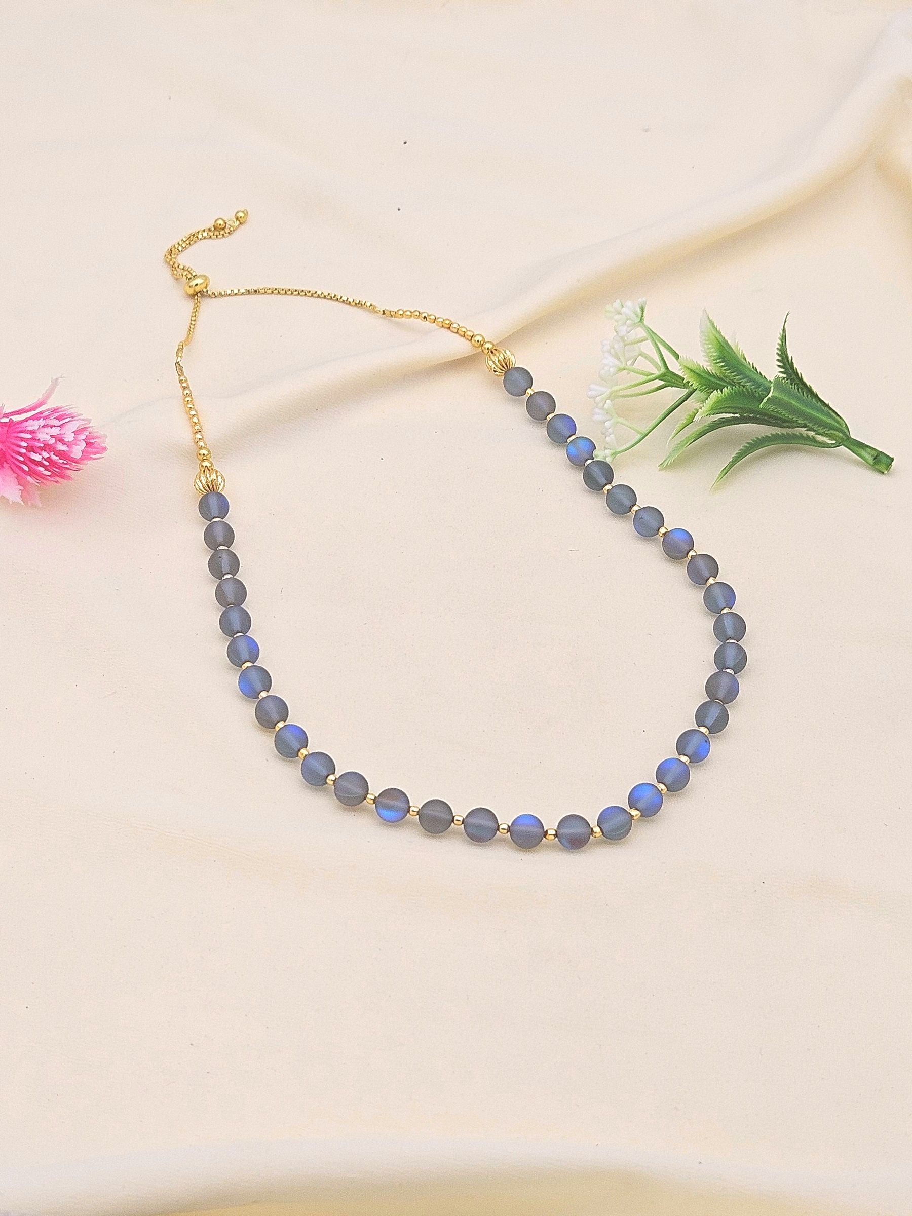 Gold plated Brass Beads with Blue Color Single Line Doublet Stone Mala Necklace & Golden Brass Chain Drawing String for Closure