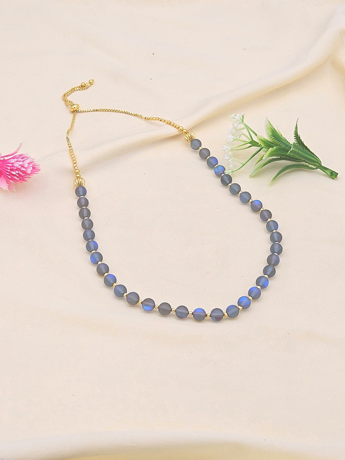 Gold plated Brass Beads with Blue Color Single Line Doublet Stone Mala Necklace & Golden Brass Chain Drawing String for Closure