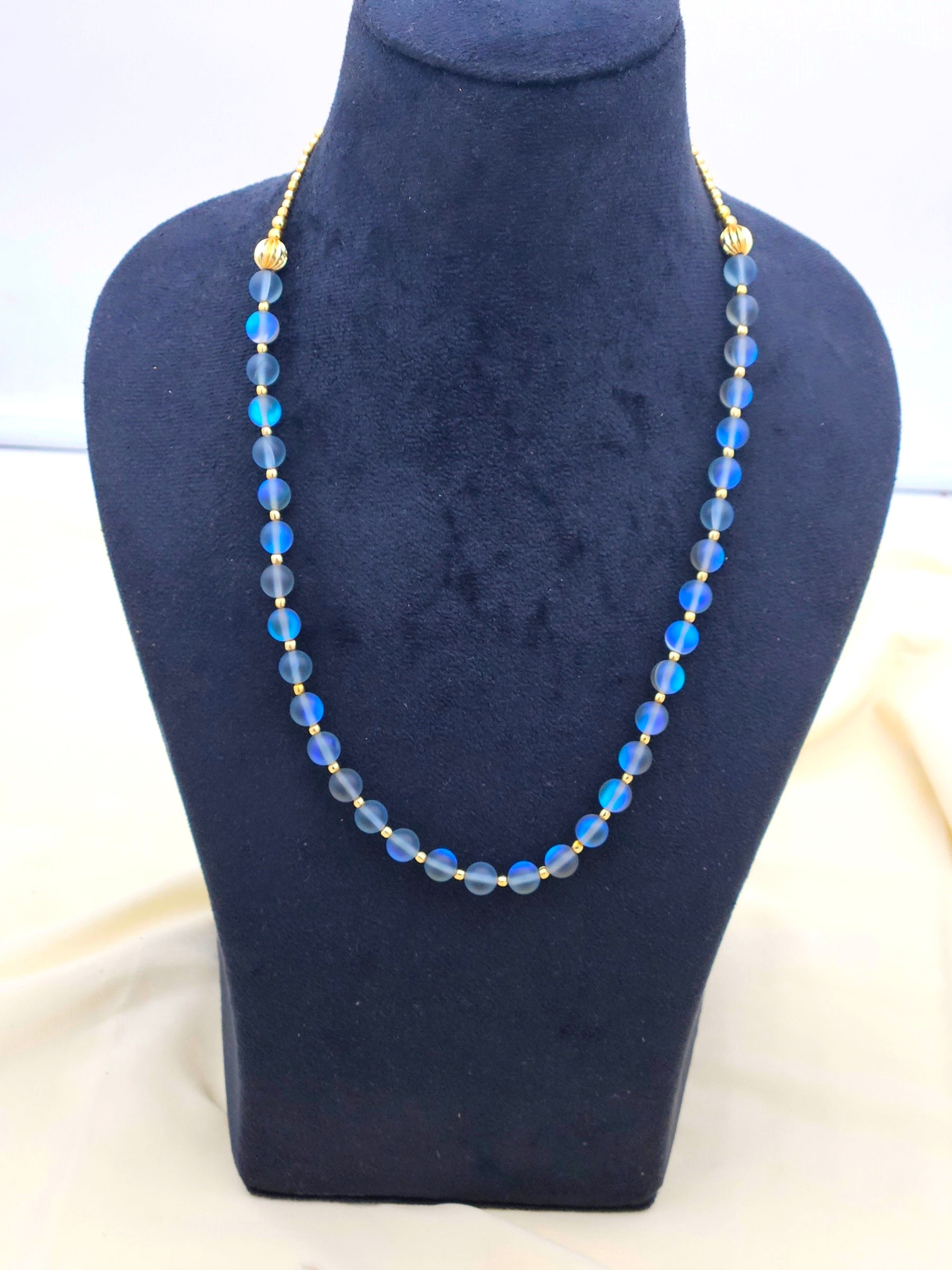 Gold plated Brass Beads with Blue Color Single Line Doublet Stone Mala Necklace & Golden Brass Chain Drawing String for Closure