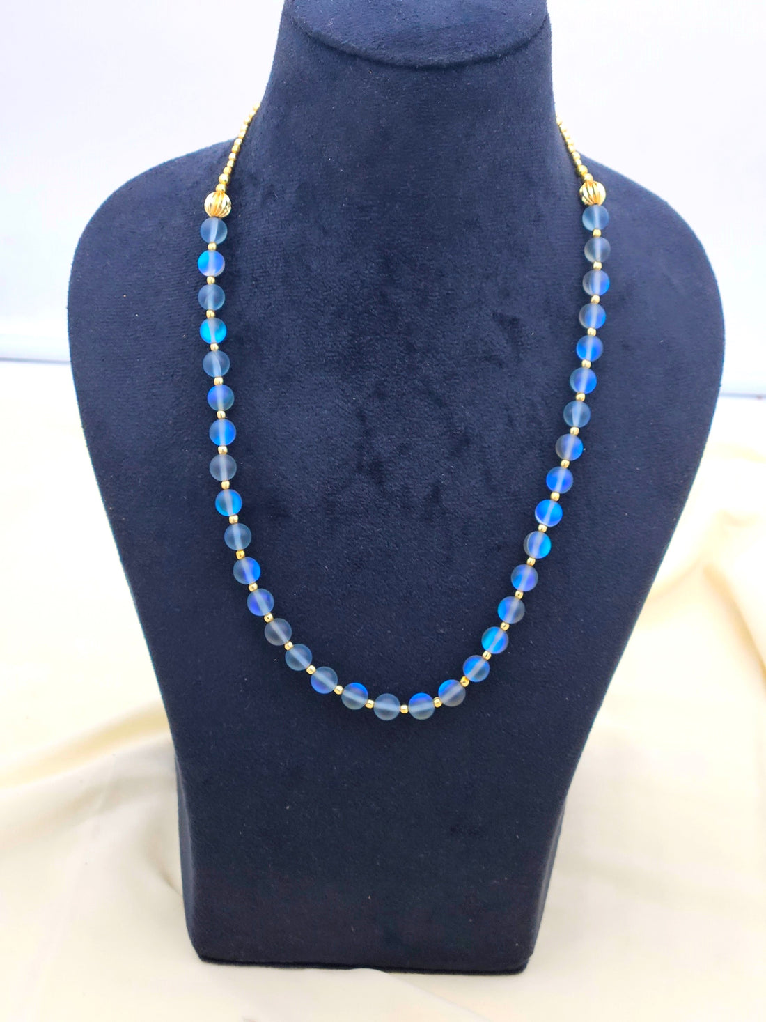 Gold plated Brass Beads with Blue Color Single Line Doublet Stone Mala Necklace & Golden Brass Chain Drawing String for Closure