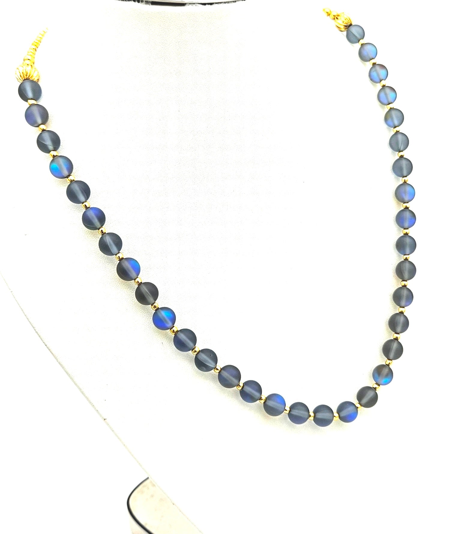 Gold plated Brass Beads with Blue Color Single Line Doublet Stone Mala Necklace & Golden Brass Chain Drawing String for Closure