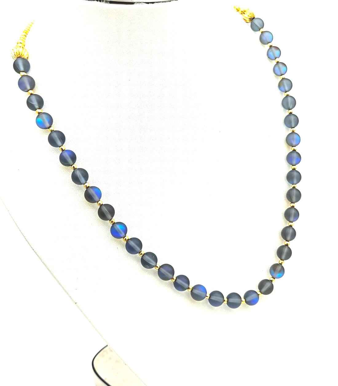 Gold plated Brass Beads with Blue Color Single Line Doublet Stone Mala Necklace & Golden Brass Chain Drawing String for Closure