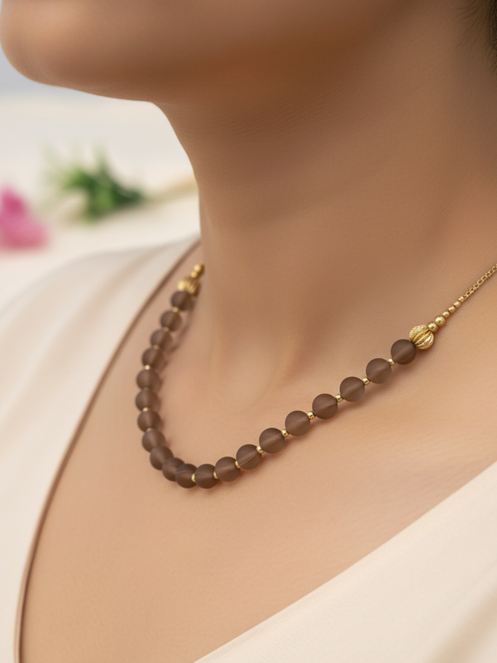 Gold plated Brass Beads with Brown Color Single Line Doublet Stone Mala Necklace & Golden Brass Chain Drawing String for Closure