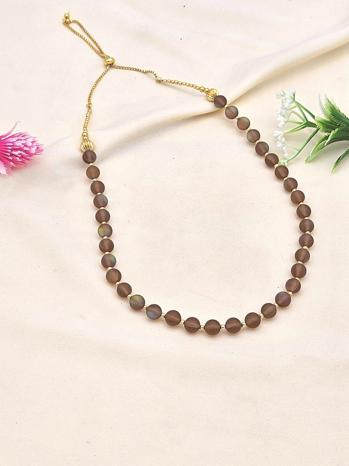 Gold plated Brass Beads with Brown Color Single Line Doublet Stone Mala Necklace & Golden Brass Chain Drawing String for Closure