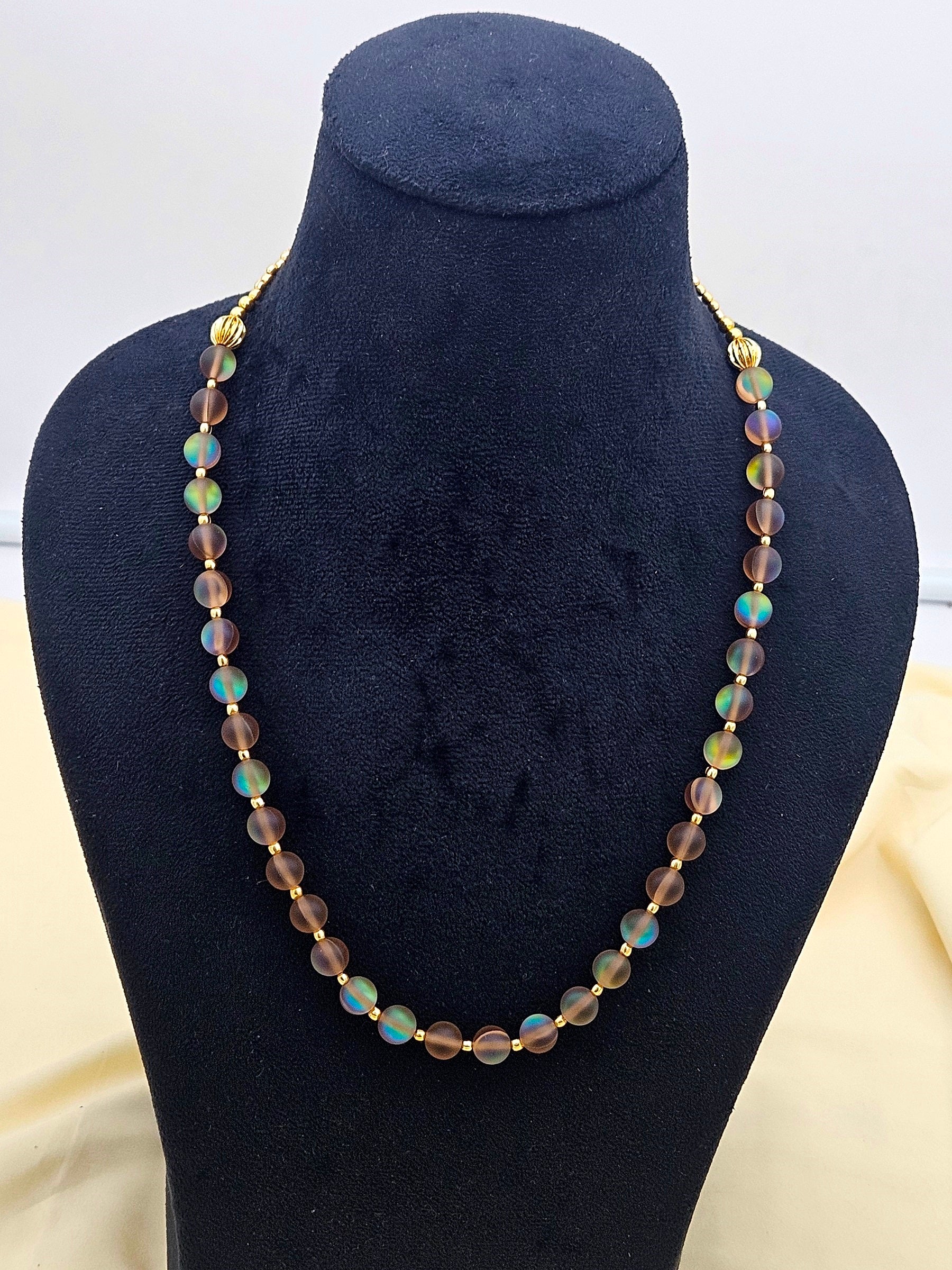 Gold plated Brass Beads with Brown Color Single Line Doublet Stone Mala Necklace & Golden Brass Chain Drawing String for Closure