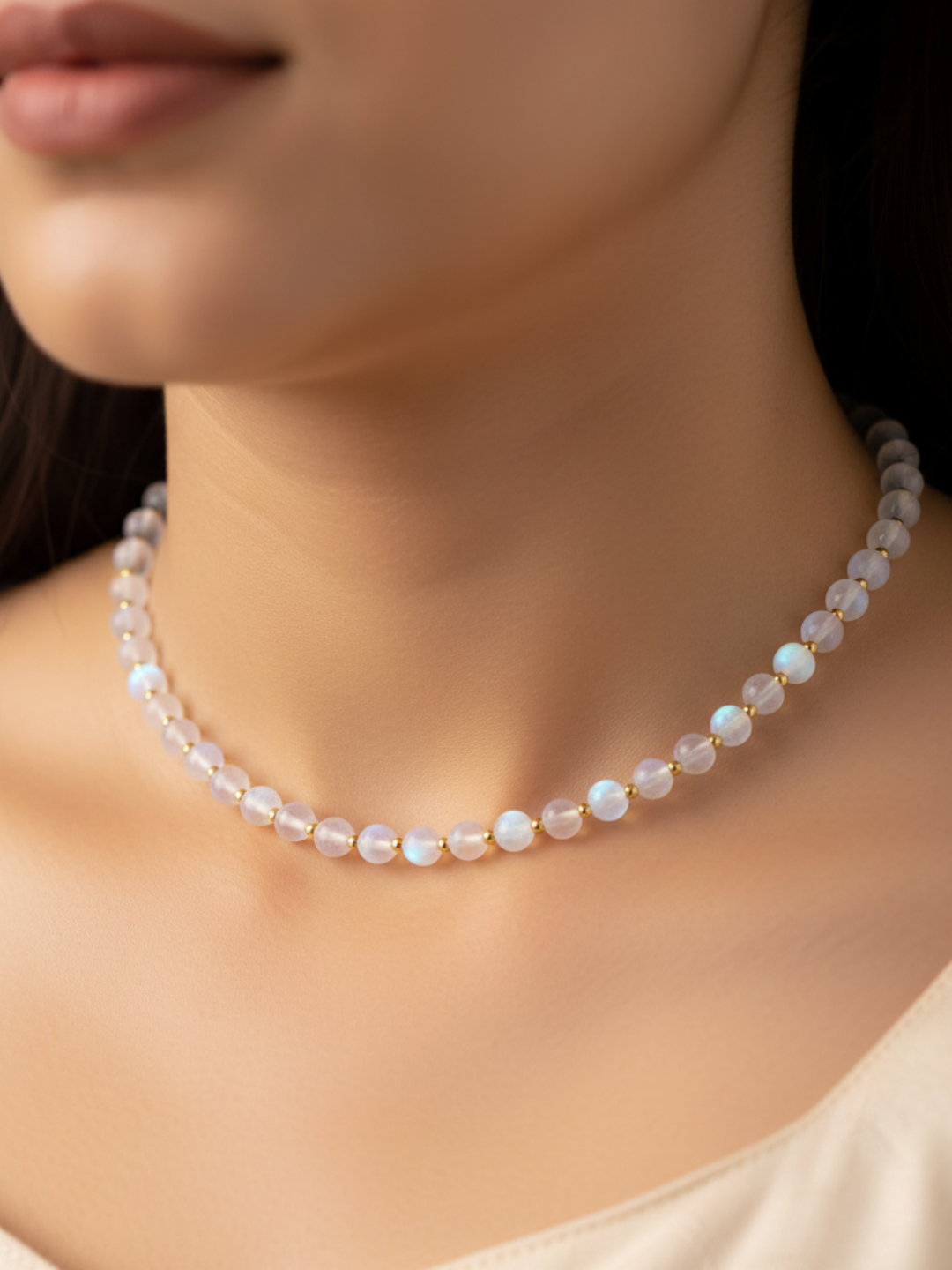 Gold plated Brass Beads with White Color Single Line Doublet Stone Mala Necklace & Golden Brass Chain Drawing String for Closure