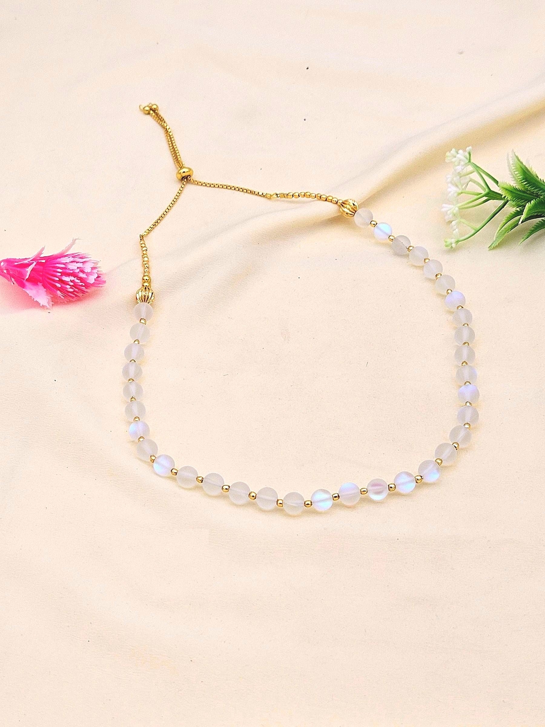 Gold plated Brass Beads with White Color Single Line Doublet Stone Mala Necklace & Golden Brass Chain Drawing String for Closure