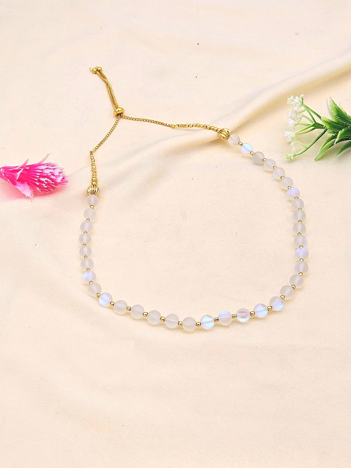 Gold plated Brass Beads with White Color Single Line Doublet Stone Mala Necklace & Golden Brass Chain Drawing String for Closure