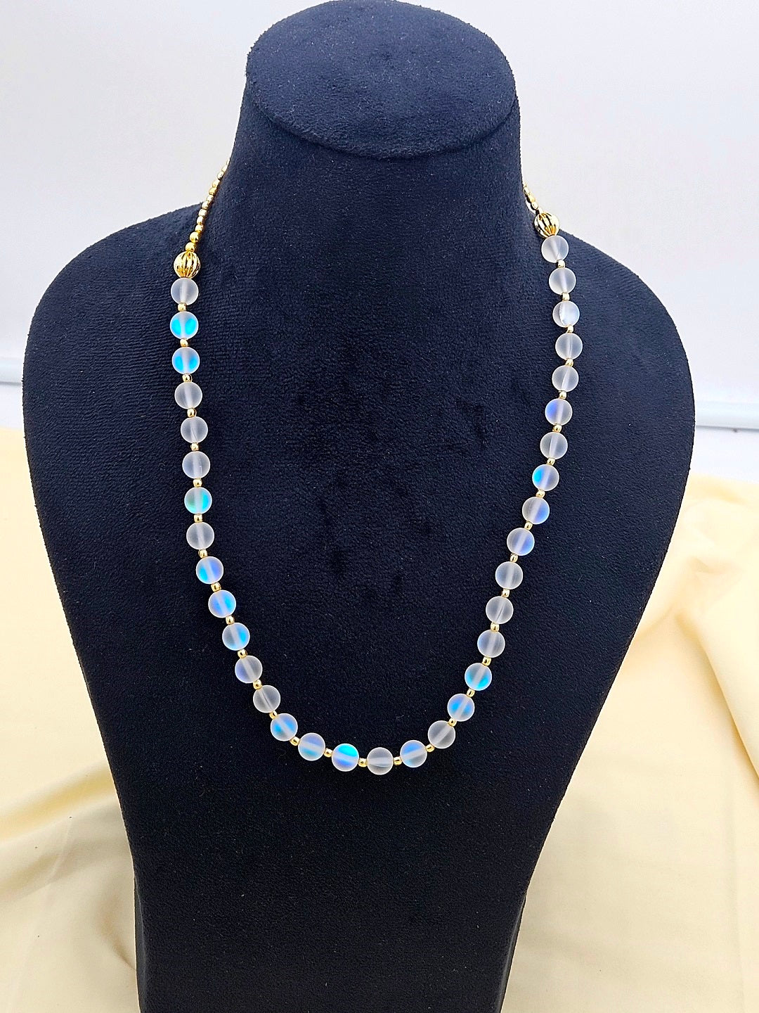 Gold plated Brass Beads with White Color Single Line Doublet Stone Mala Necklace & Golden Brass Chain Drawing String for Closure