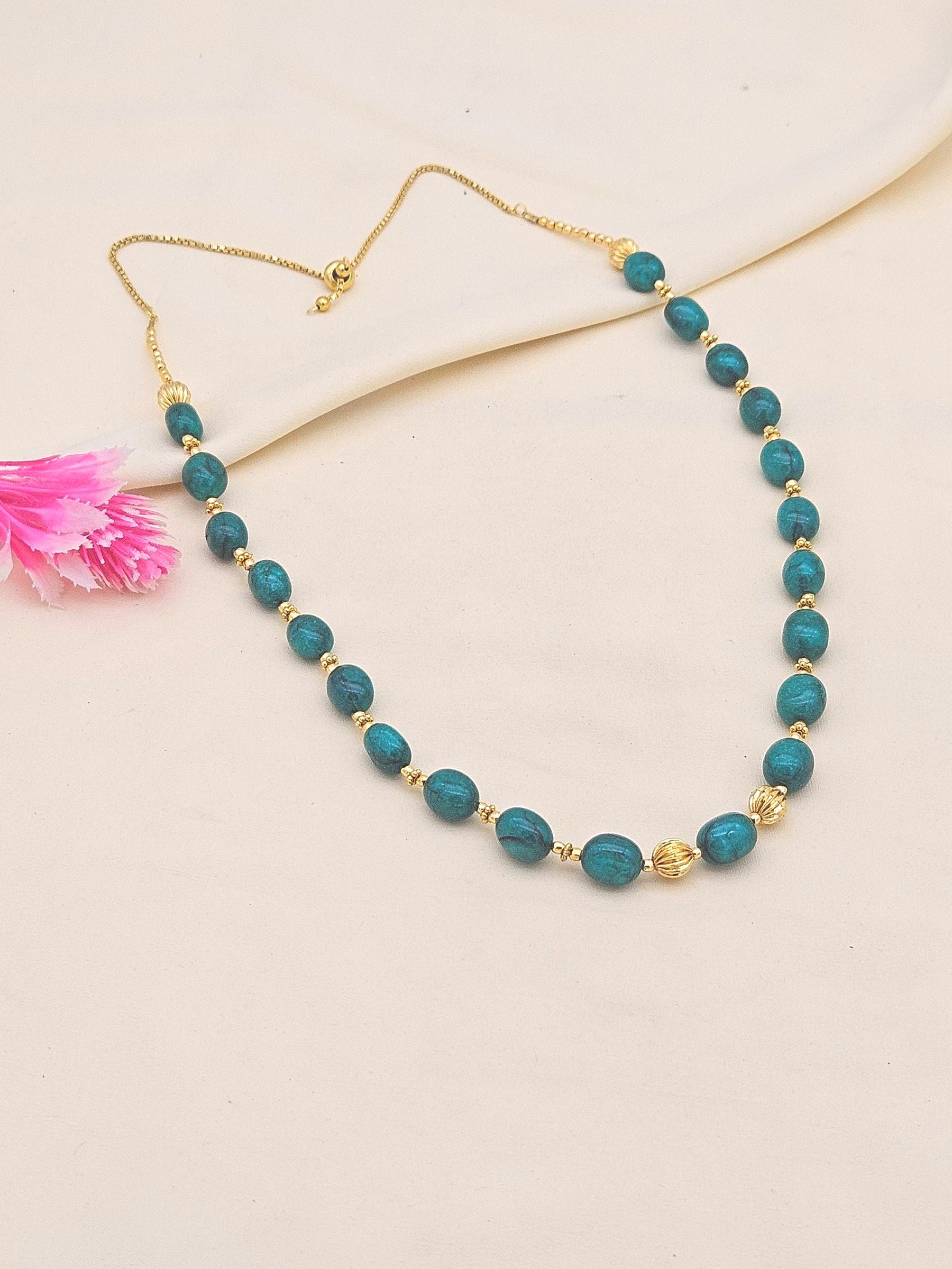 Awesome Green Jade Stone Single Line Light weight Mala Necklace with Gold plated Brass Beads & Golden Brass Drawing String for Closure