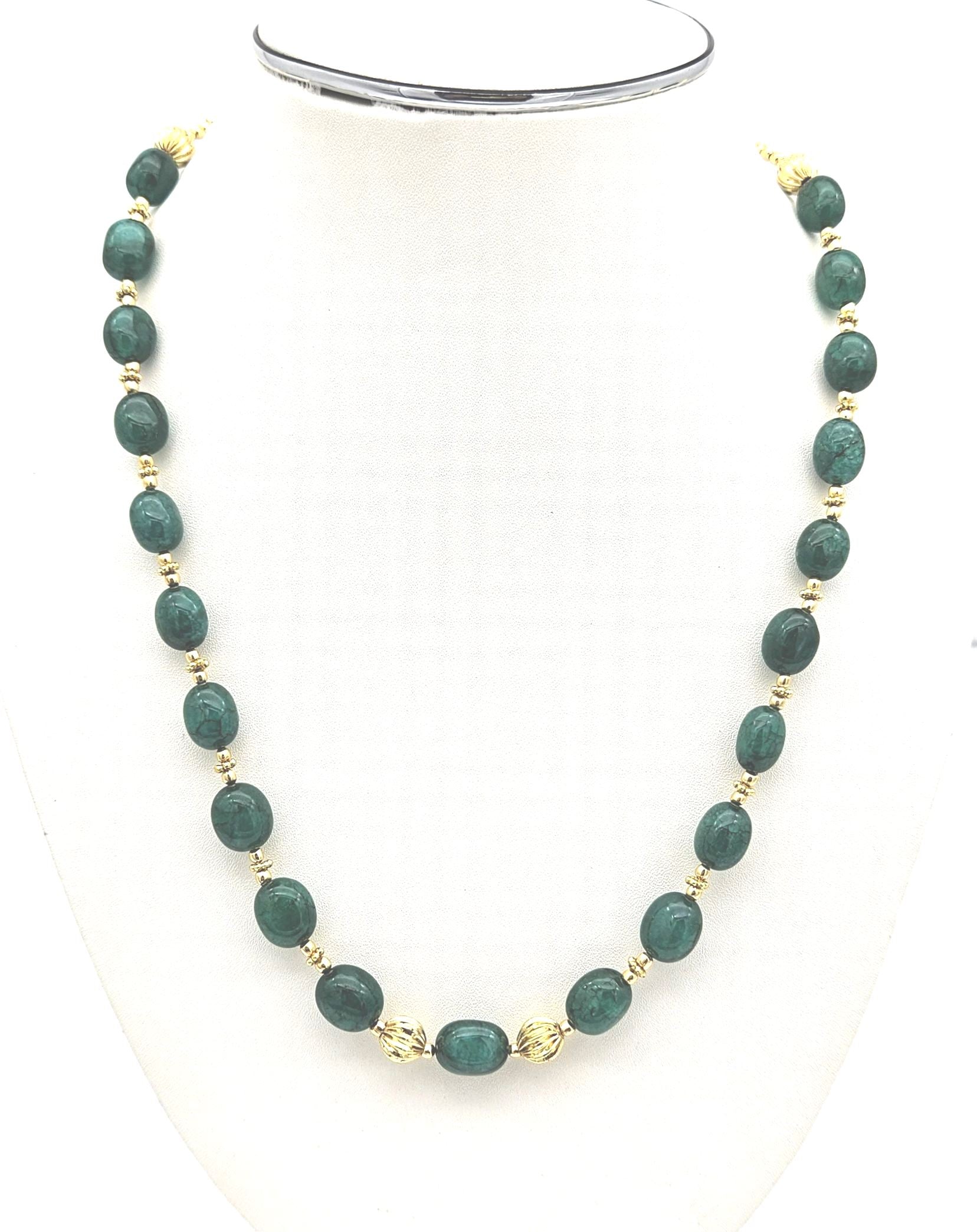 Awesome Green Jade Stone Single Line Light weight Mala Necklace with Gold plated Brass Beads & Golden Brass Drawing String for Closure