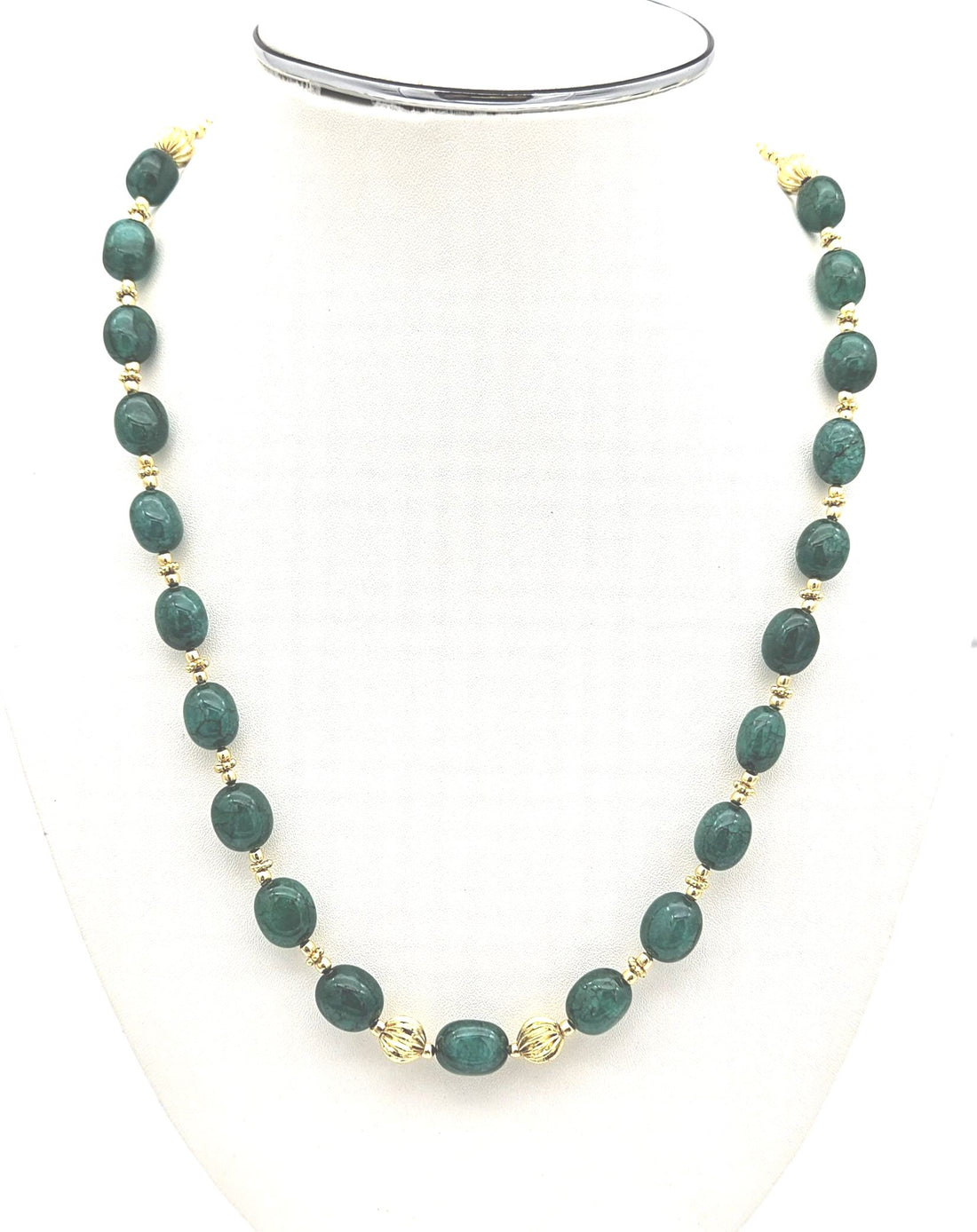 Awesome Green Jade Stone Single Line Light weight Mala Necklace with Gold plated Brass Beads & Golden Brass Drawing String for Closure