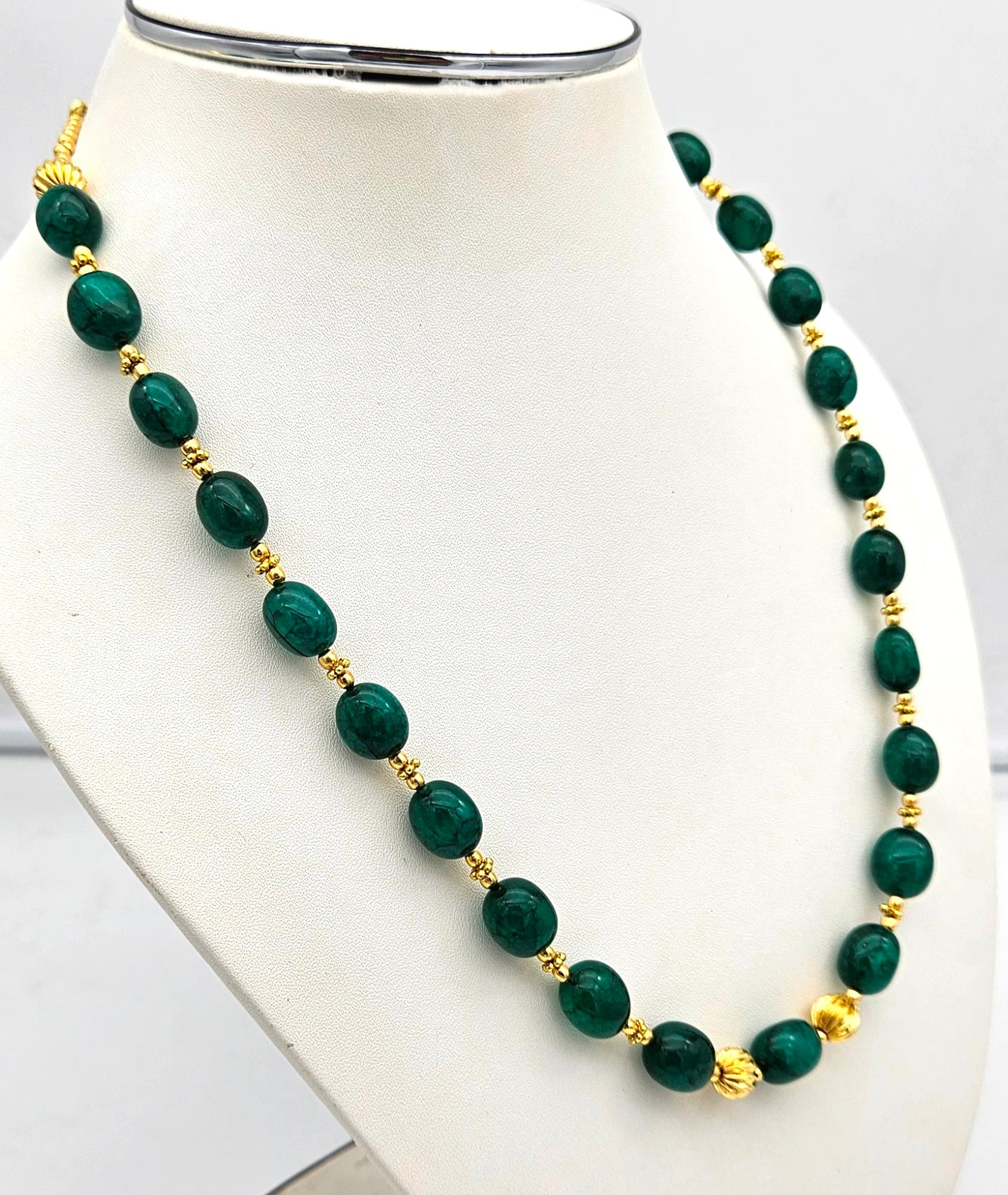 Awesome Green Jade Stone Single Line Light weight Mala Necklace with Gold plated Brass Beads & Golden Brass Drawing String for Closure