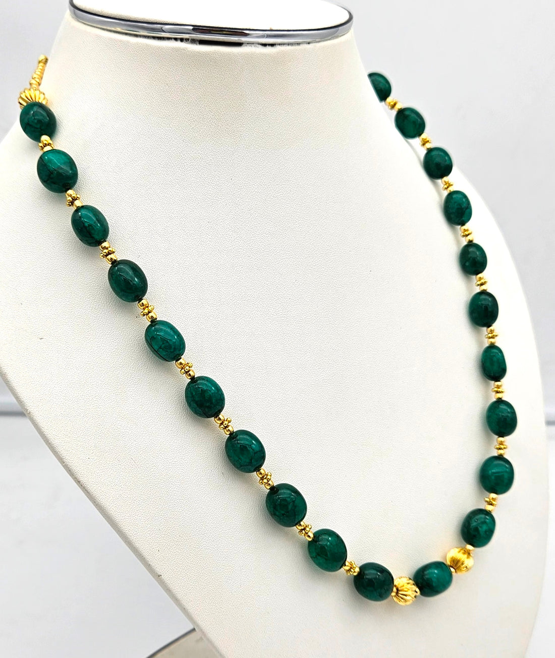 Awesome Green Jade Stone Single Line Light weight Mala Necklace with Gold plated Brass Beads & Golden Brass Drawing String for Closure