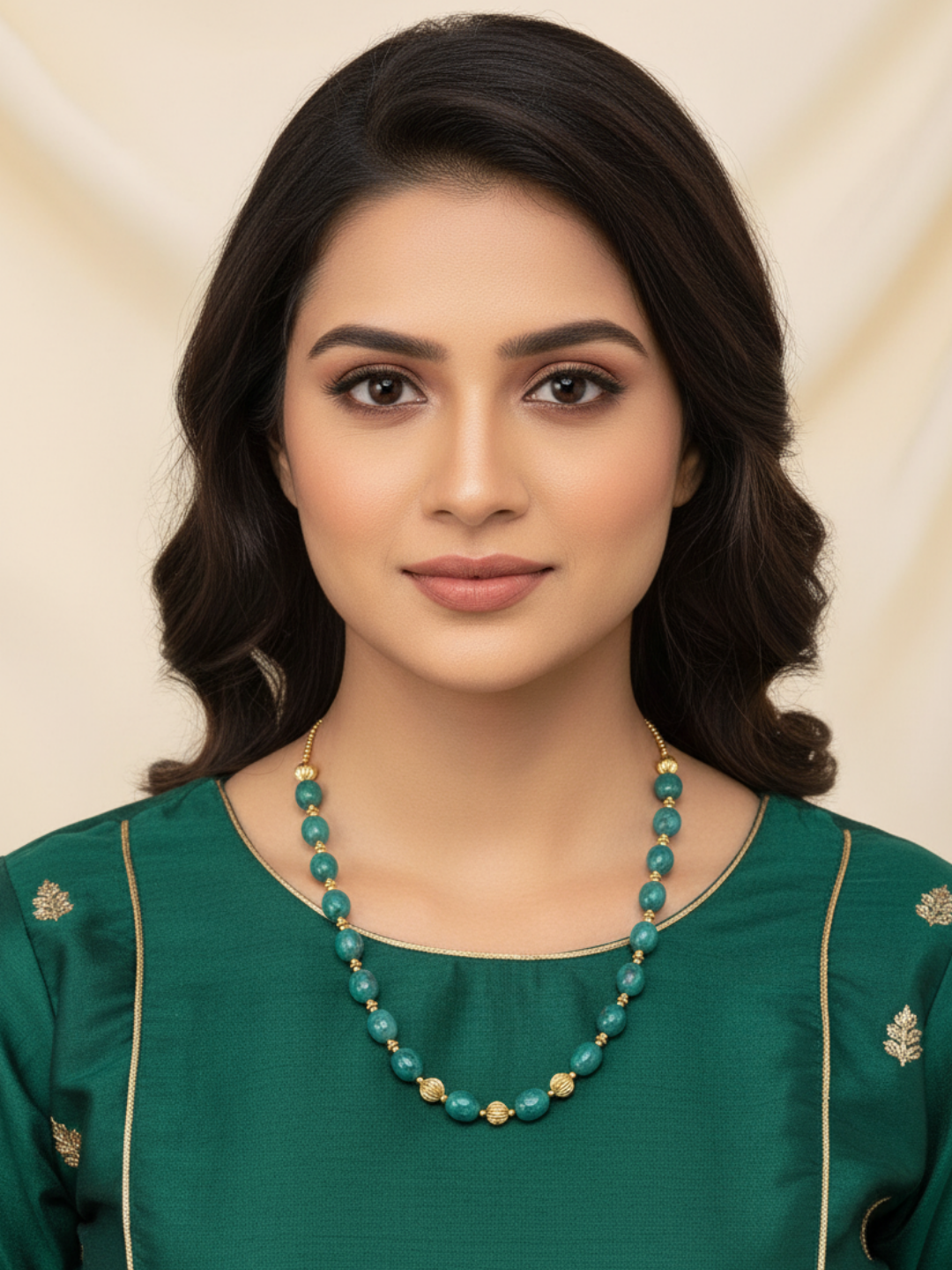 Awesome Green Jade Stone Single Line Light weight Mala Necklace with Gold plated Brass Beads & Golden Brass Drawing String for Closure