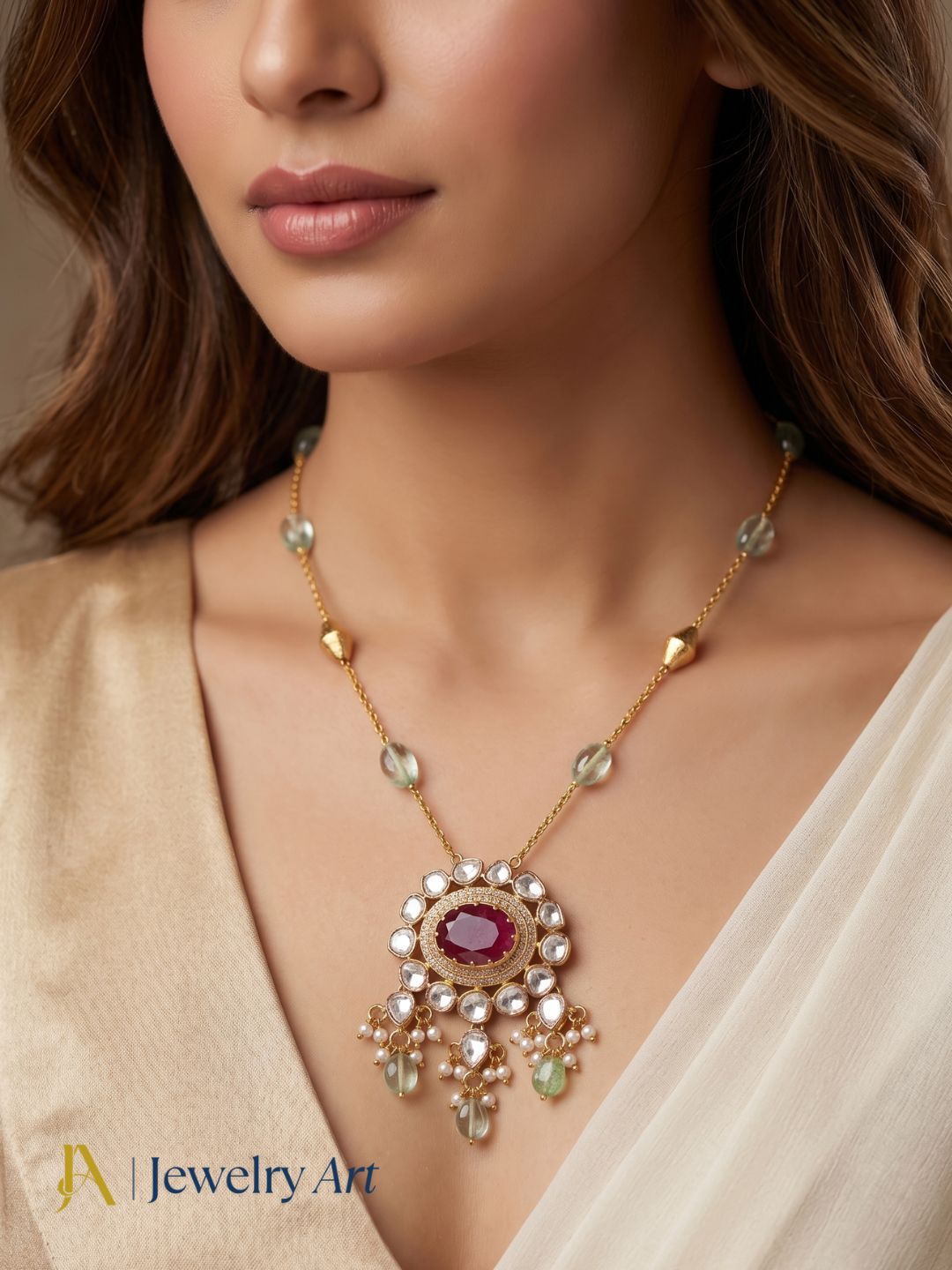 Royal-inspired antique gold plated pendant necklace with traditional Indian artistry and gemstone work
