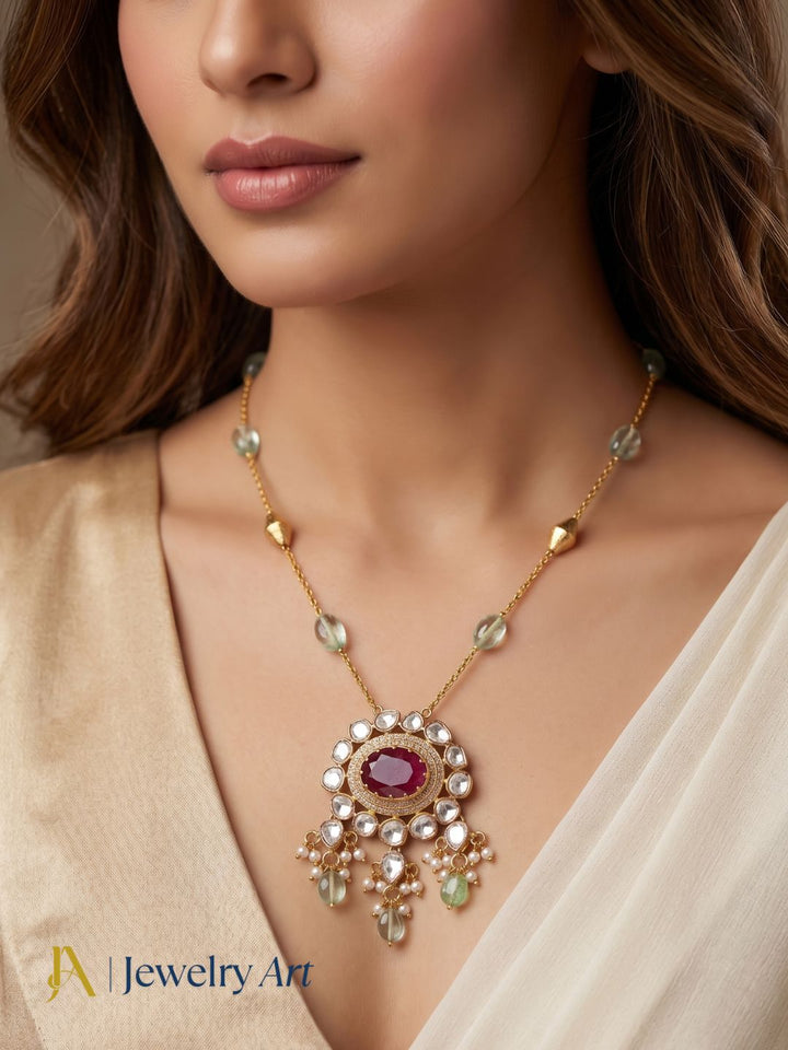 Royal-inspired antique gold plated pendant necklace with traditional Indian artistry and gemstone work
