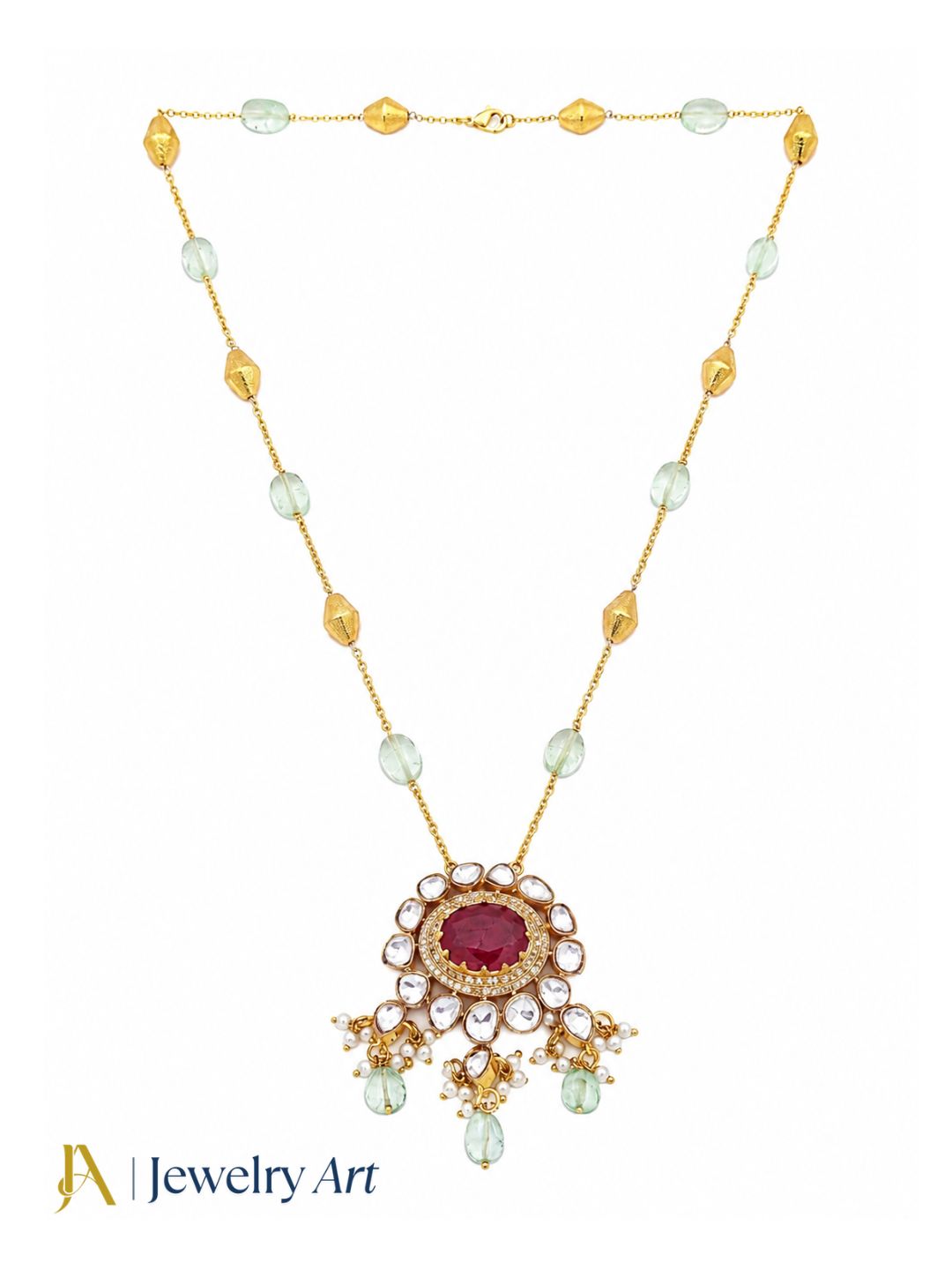 Gorgeous Antique Gold plated AD Brass Kundan Polky -Red Beryl-Light Green Jade Gem Stone Beads-Shell Perl  Light Weight Chain Pendant - Gift for Her