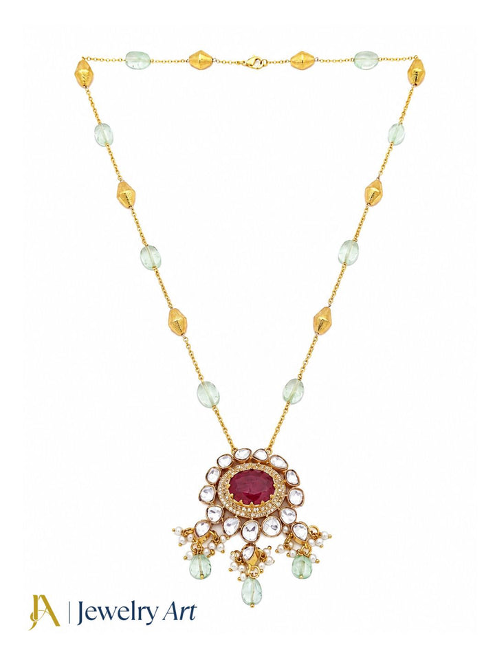 Gorgeous Antique Gold plated AD Brass Kundan Polky -Red Beryl-Light Green Jade Gem Stone Beads-Shell Perl  Light Weight Chain Pendant - Gift for Her