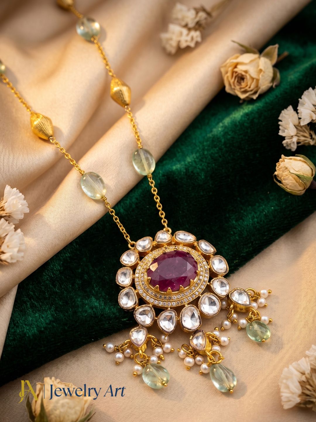 Gorgeous Antique Gold plated AD Brass Kundan Polky -Red Beryl-Light Green Jade Gem Stone Beads-Shell Perl  Light Weight Chain Pendant - Gift for Her