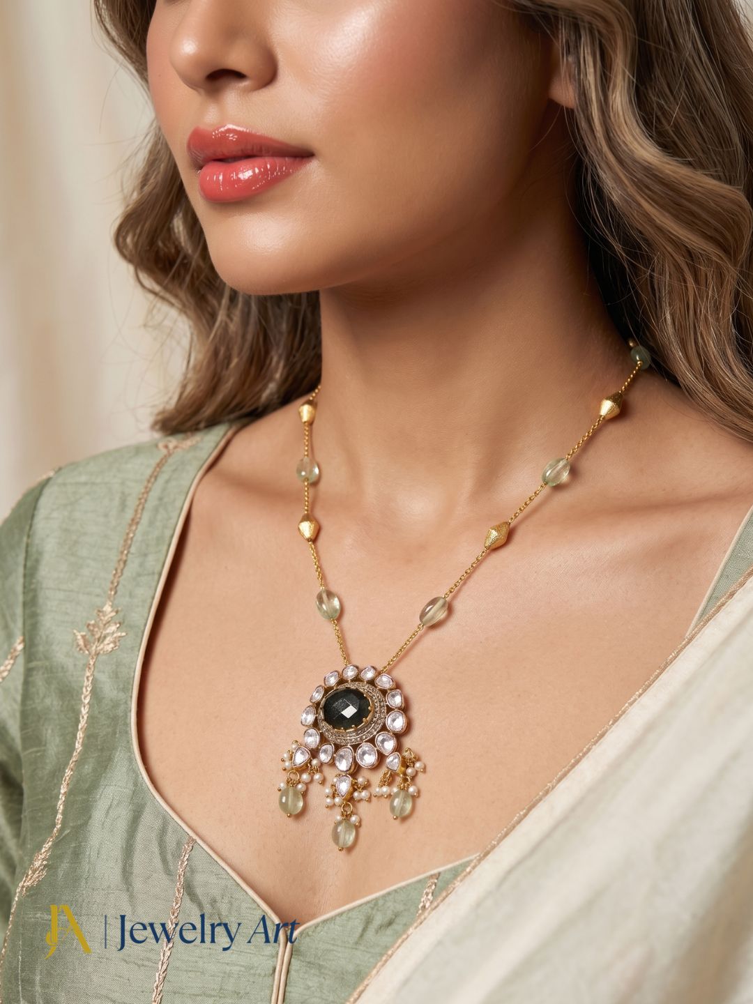 Antique gold chain pendant with light green jade beads and shell pearl accents
