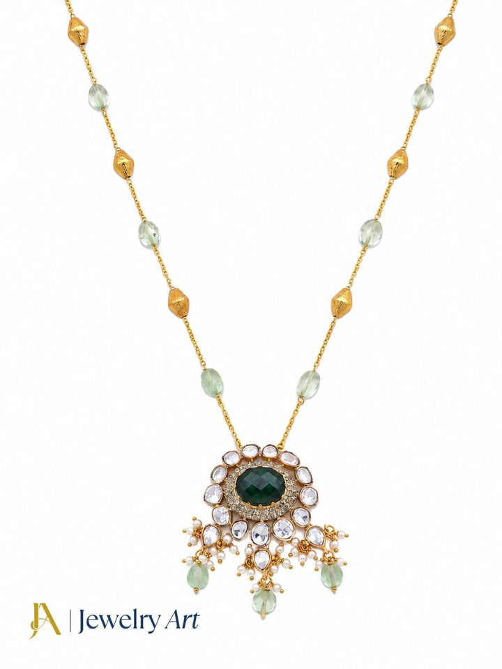 Gorgeous Antique Gold plated AD-Green Beryl-Polky-Jade Gem Stone Beads-Shell Perl  Light Weight Chain Pendant - Gift for Her