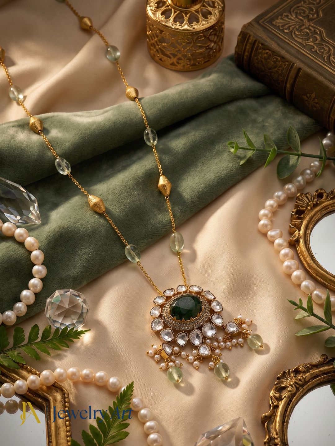 Gorgeous Antique Gold plated AD-Green Beryl-Polky-Jade Gem Stone Beads-Shell Perl  Light Weight Chain Pendant - Gift for Her