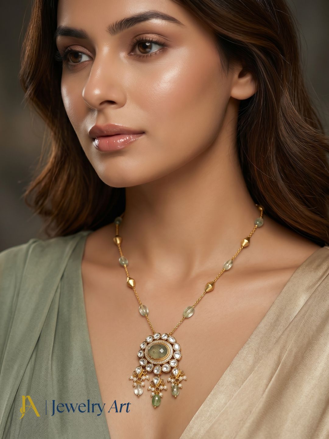 Beautiful handcrafted chain pendant with antique gold finish and natural gemstone detailing
