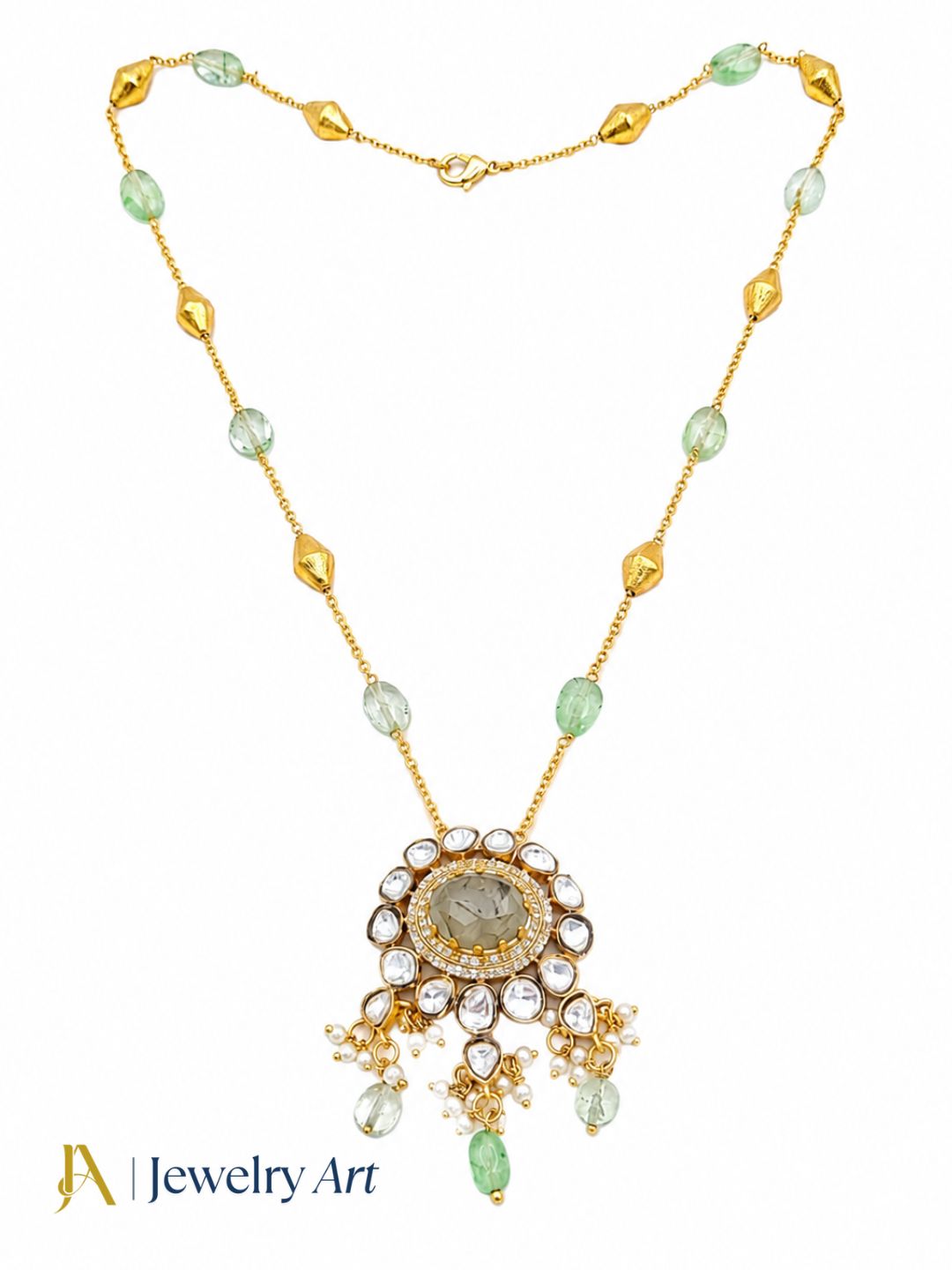 Gorgeous Antique Gold plated AD Brass Kundan Polky -Prehnite-Light Green Jade Gem Stone Beads-Shell Perl  Light Weight Chain Pendant - Gift for Her