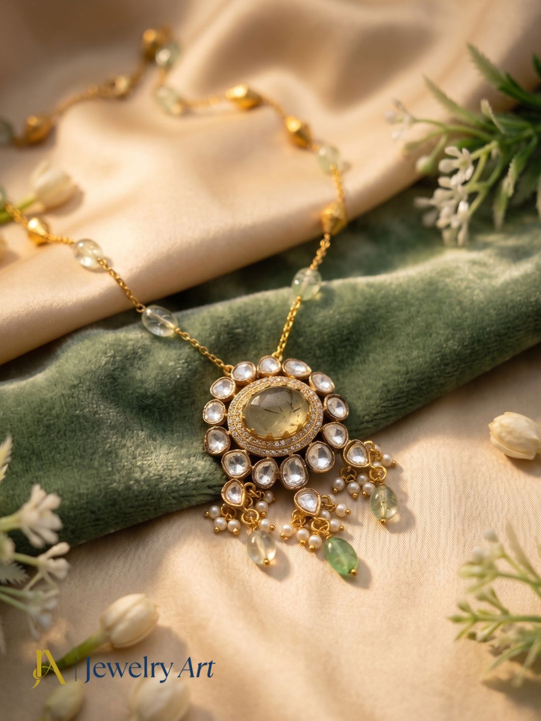 Gorgeous Antique Gold plated AD Brass Kundan Polky -Prehnite-Light Green Jade Gem Stone Beads-Shell Perl  Light Weight Chain Pendant - Gift for Her