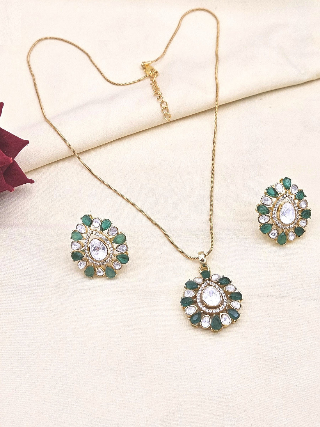 Lightweight AD Polky green hydro quartz pendant necklace with earrings – stylish jewellery gift for her
