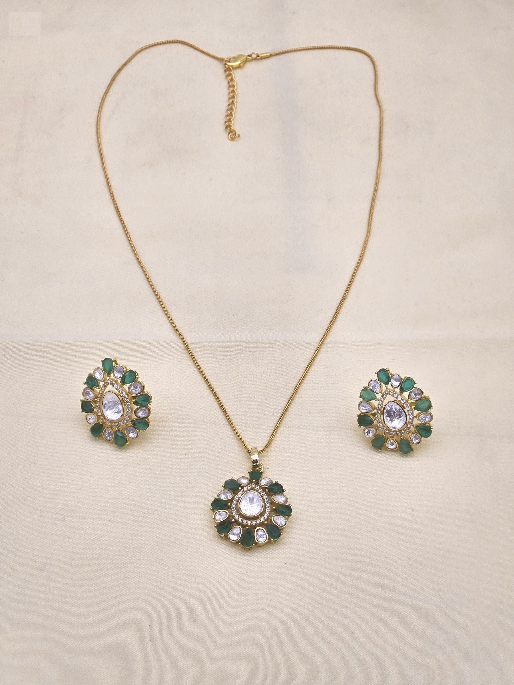 Gold-plated AD polki pendant necklace with green hydro quartz stones and earrings – perfect gift for women
