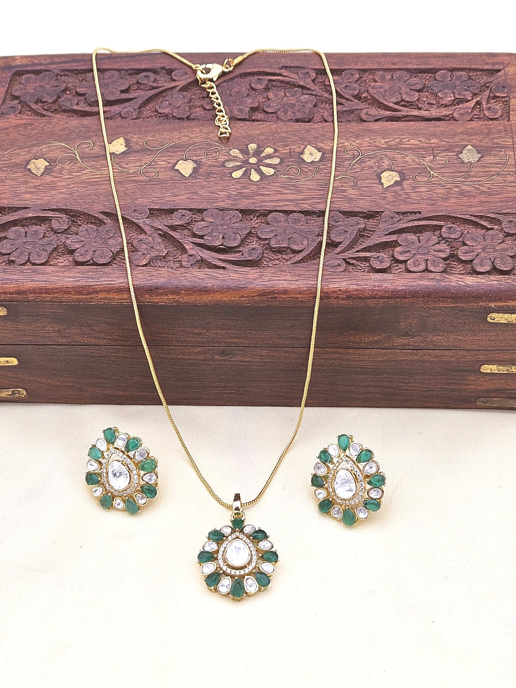 Designer AD Polky pendant and earring set with green hydro quartz – beautiful party wear gift for women
