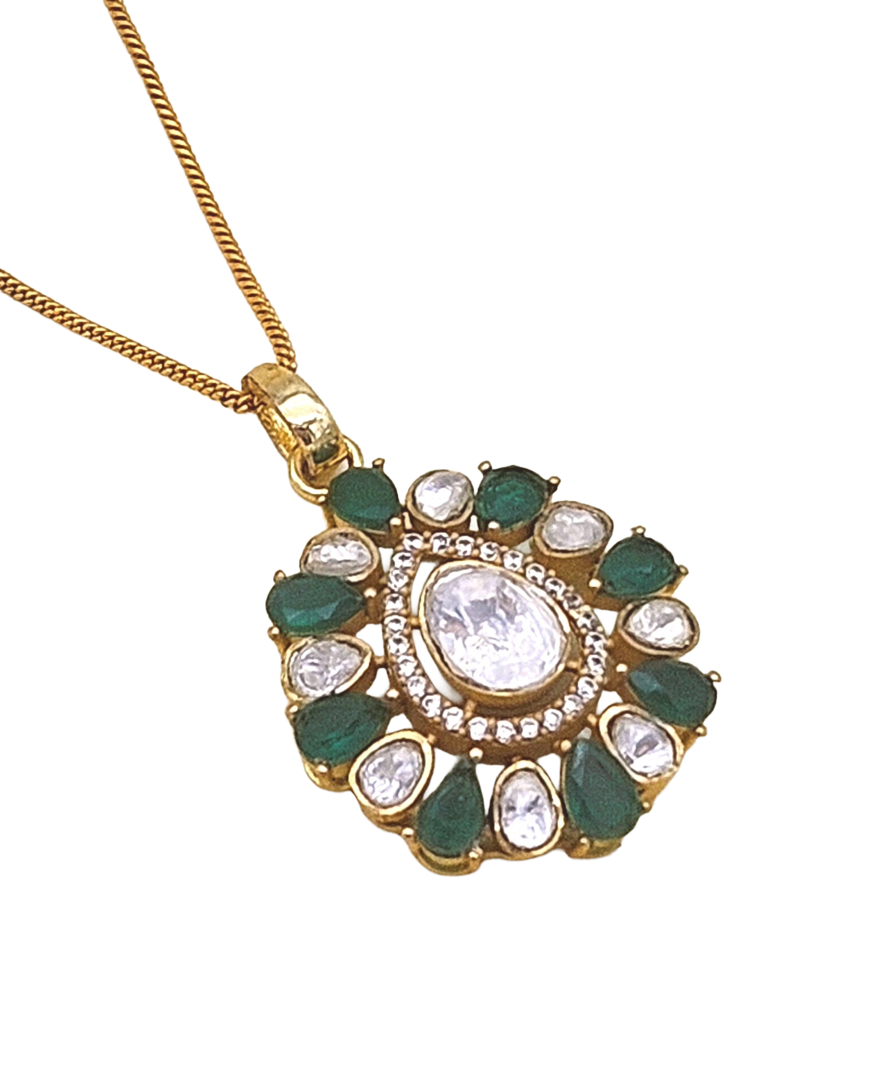 Elegant AD polki green hydro quartz pendant – handcrafted ethnic jewellery piece.

