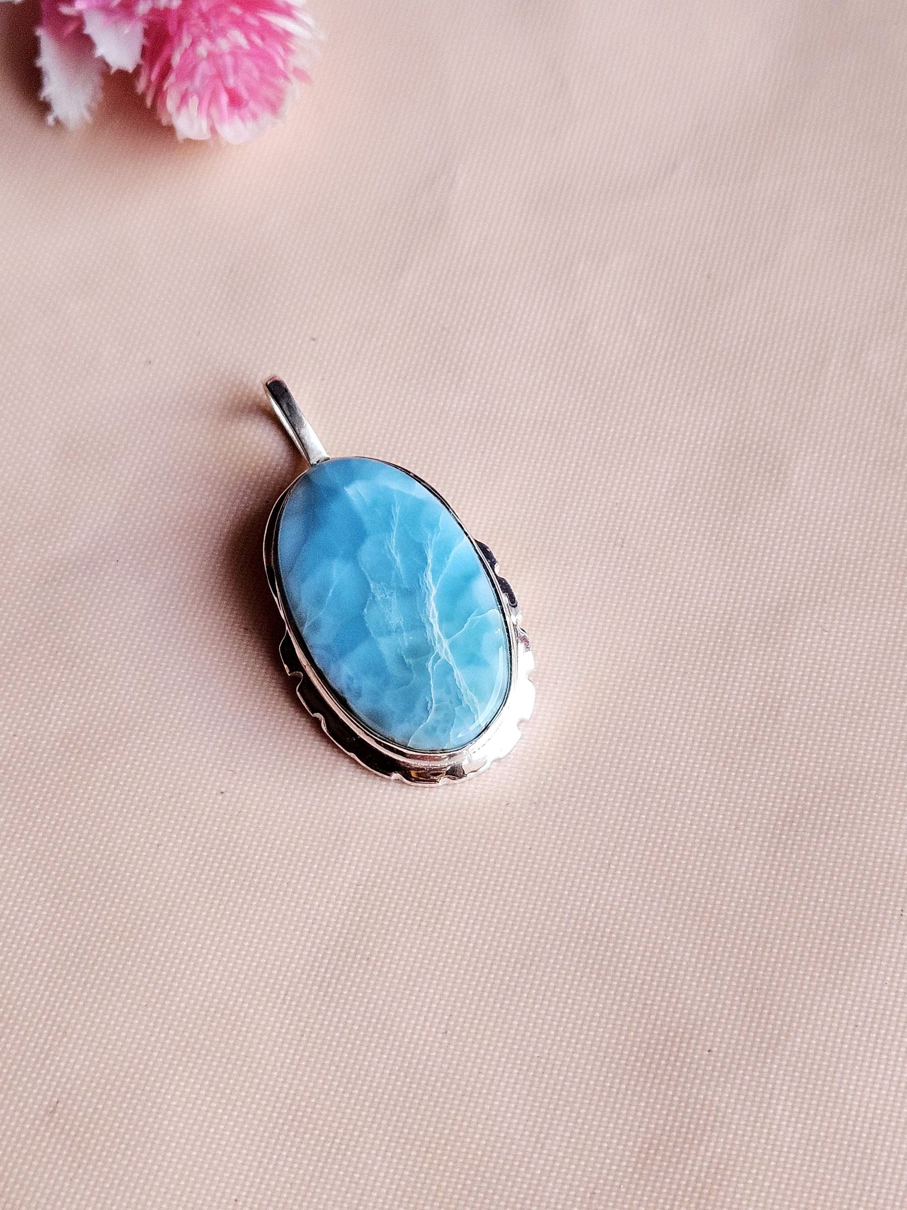 Natural Larimar Gemstone Pendant for Men – Silver Plated GS Handmade Designer Pendant