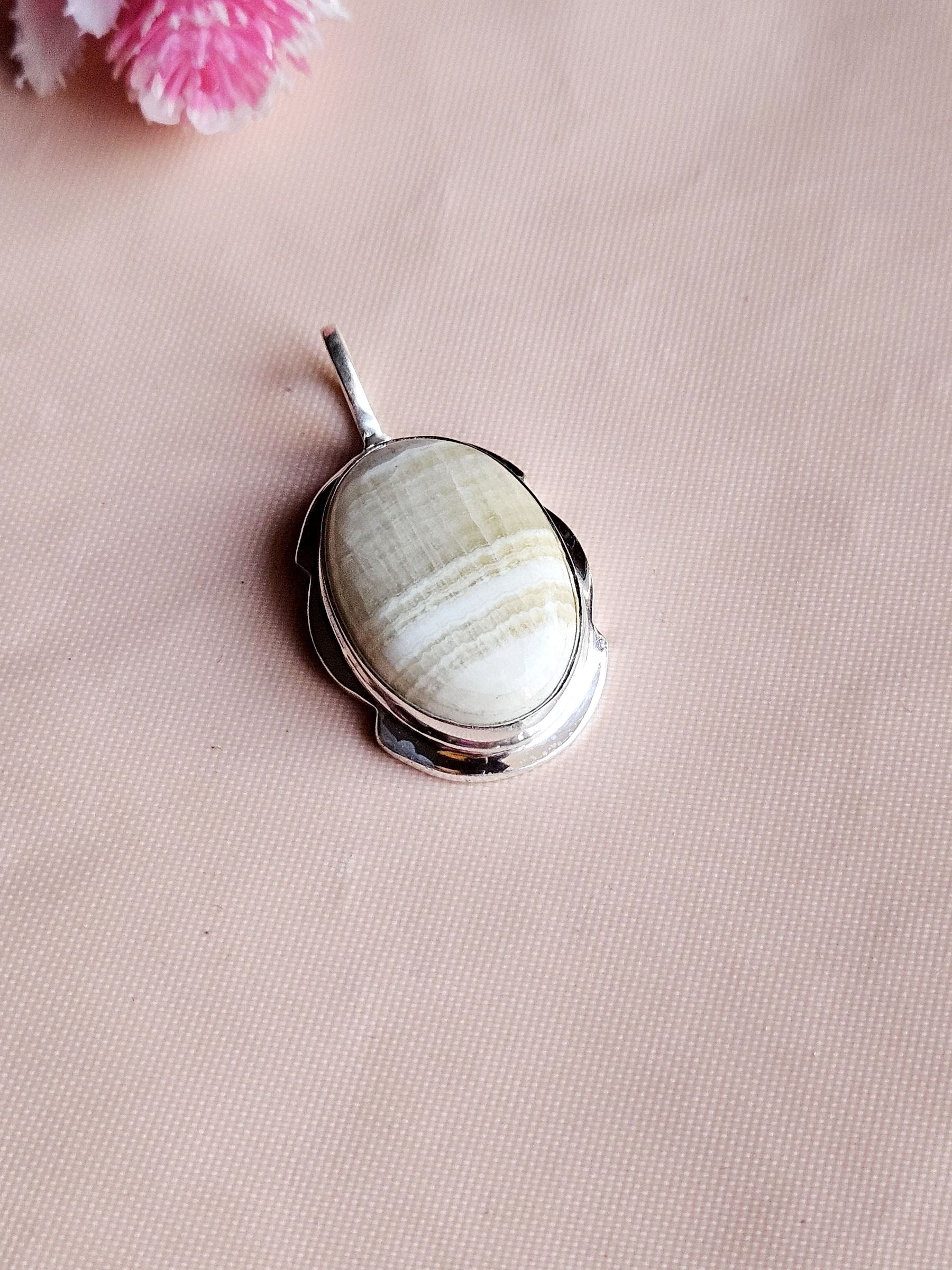 Natural White Line Jasper Gemstone Pendant for Men – Silver Plated GS Handmade Designer Pendant