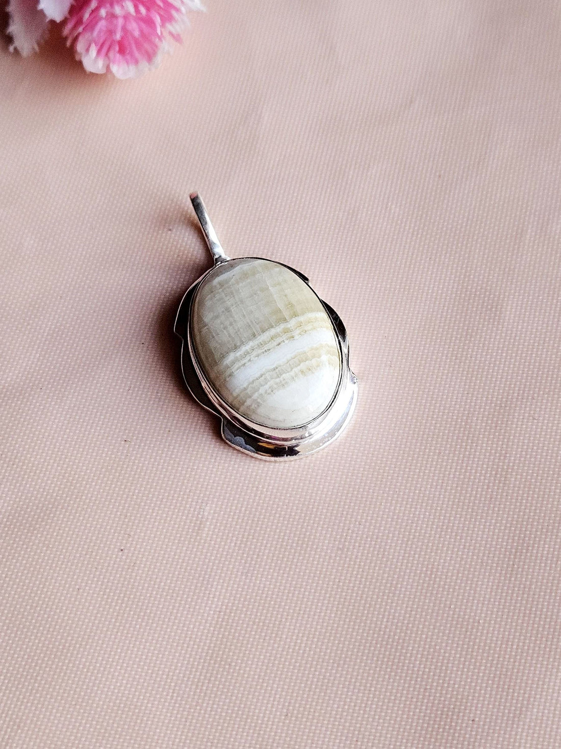 Natural White Line Jasper Gemstone Pendant for Men – Silver Plated GS Handmade Designer Pendant