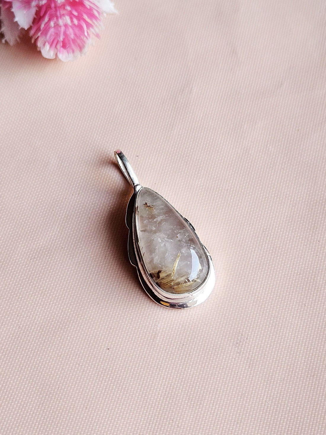 Natural Rutile Quartz Gemstone Pendant for Men – Silver Plated GS Handmade Designer Pendant