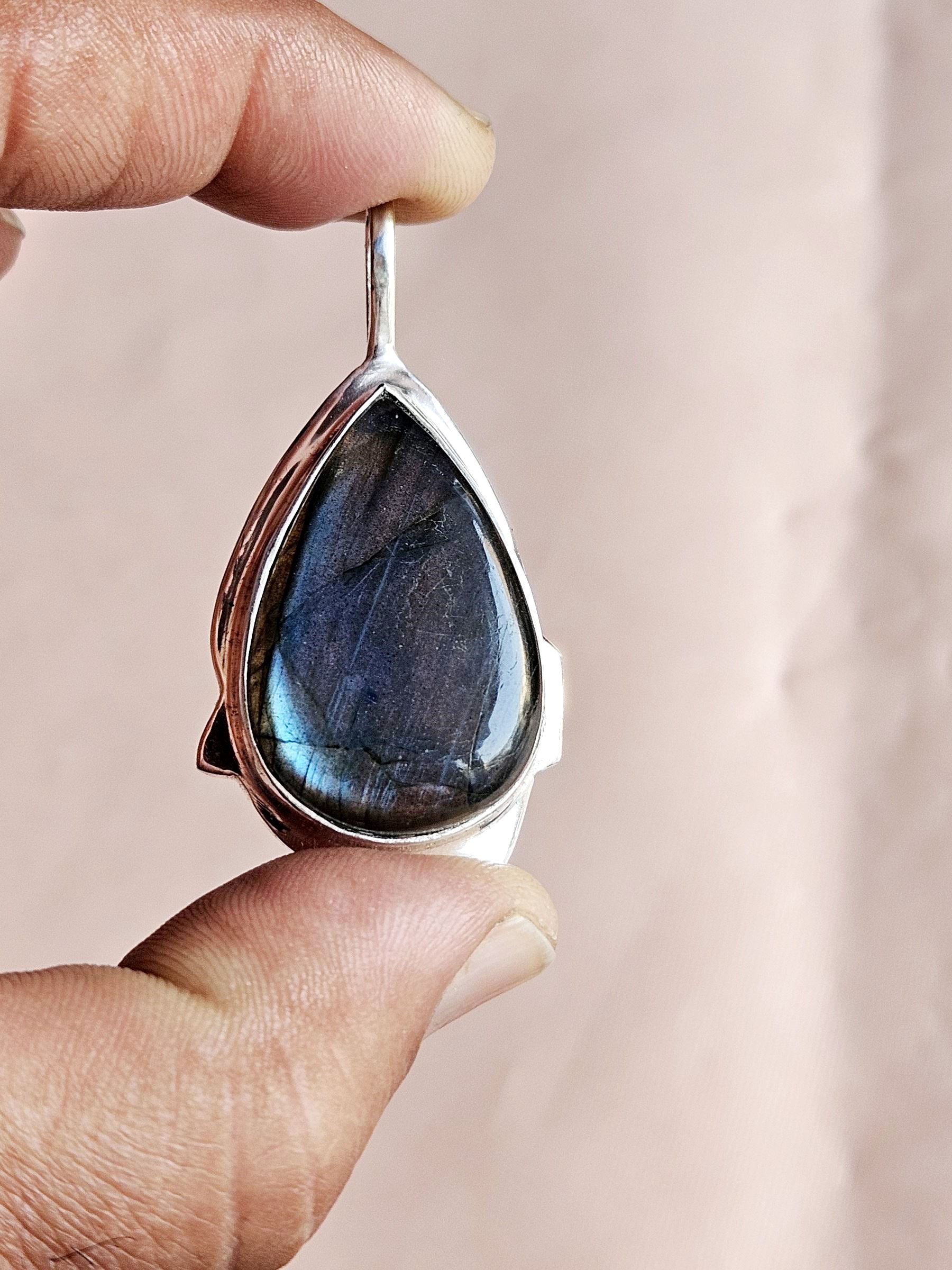 Natural Labradorite Gemstone Pendant for Men – Silver Plated GS Handmade Designer Pendant