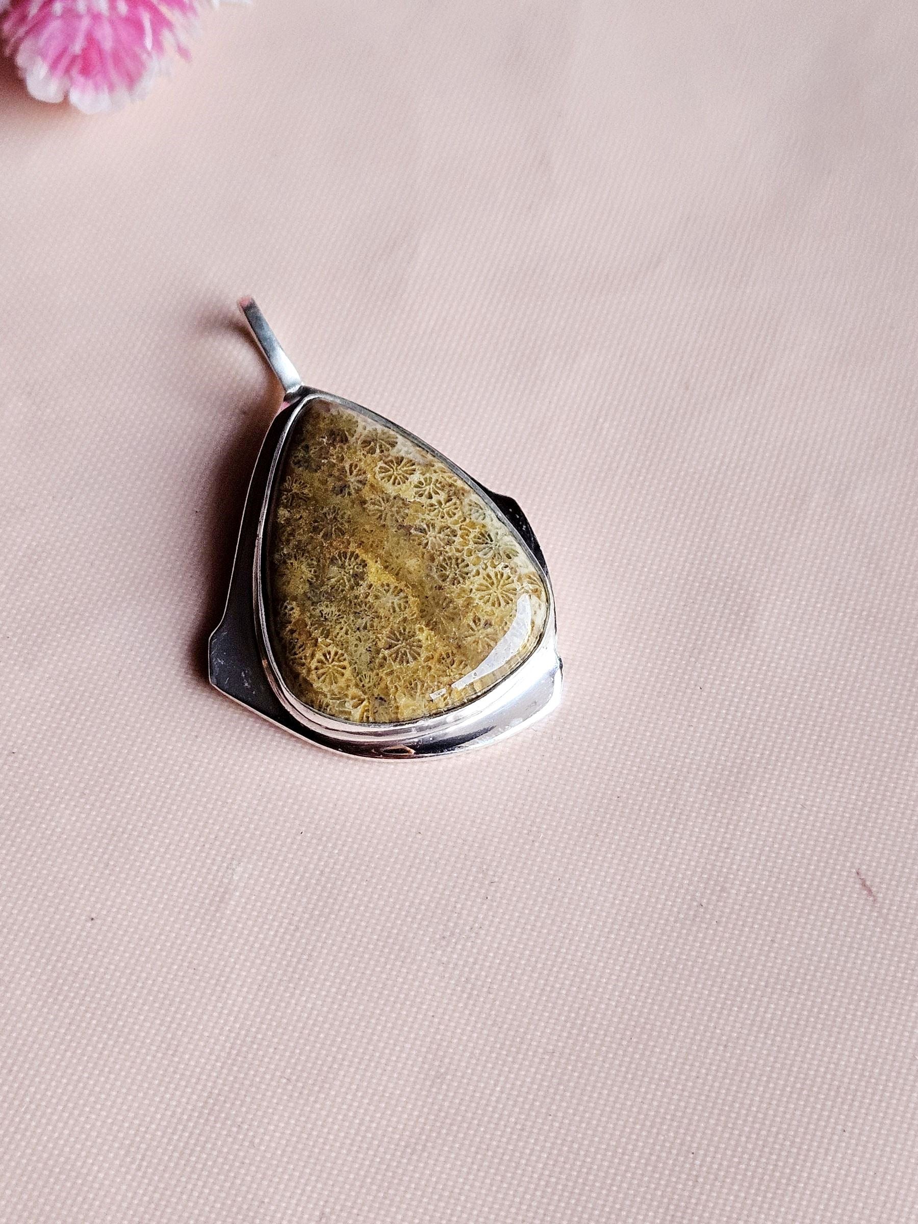 Natural Fossil Coral Gemstone Pendant for Men – Silver Plated GS Handmade Designer Pendant