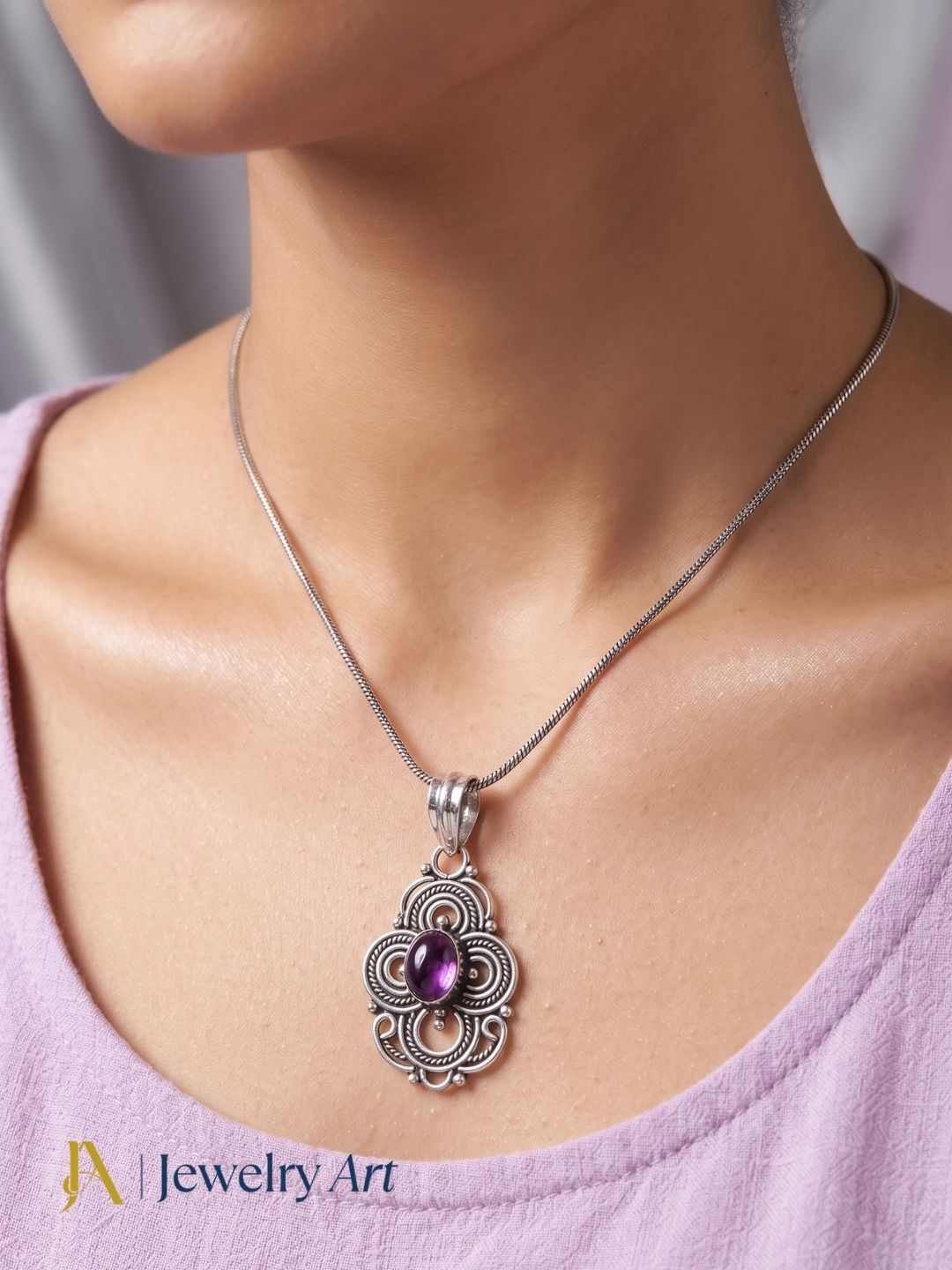 Artistic oxidized purple stone chain pendant lightweight fashionable jewelry
