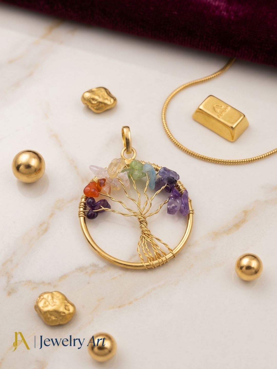 Artistic Handcrafted Gold plated Multi Color Rough Semi Precious Stones- Wire Wrapped Tree Designer Pendant