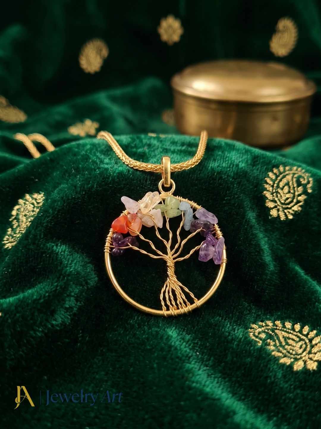 Artistic Handcrafted Gold plated Multi Color Rough Semi Precious Stones- Wire Wrapped Tree Designer Pendant