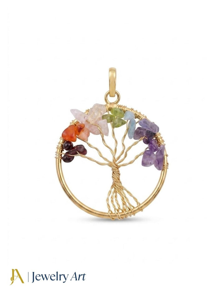 Artistic Handcrafted Gold plated Multi Color Rough Semi Precious Stones- Wire Wrapped Tree Designer Pendant