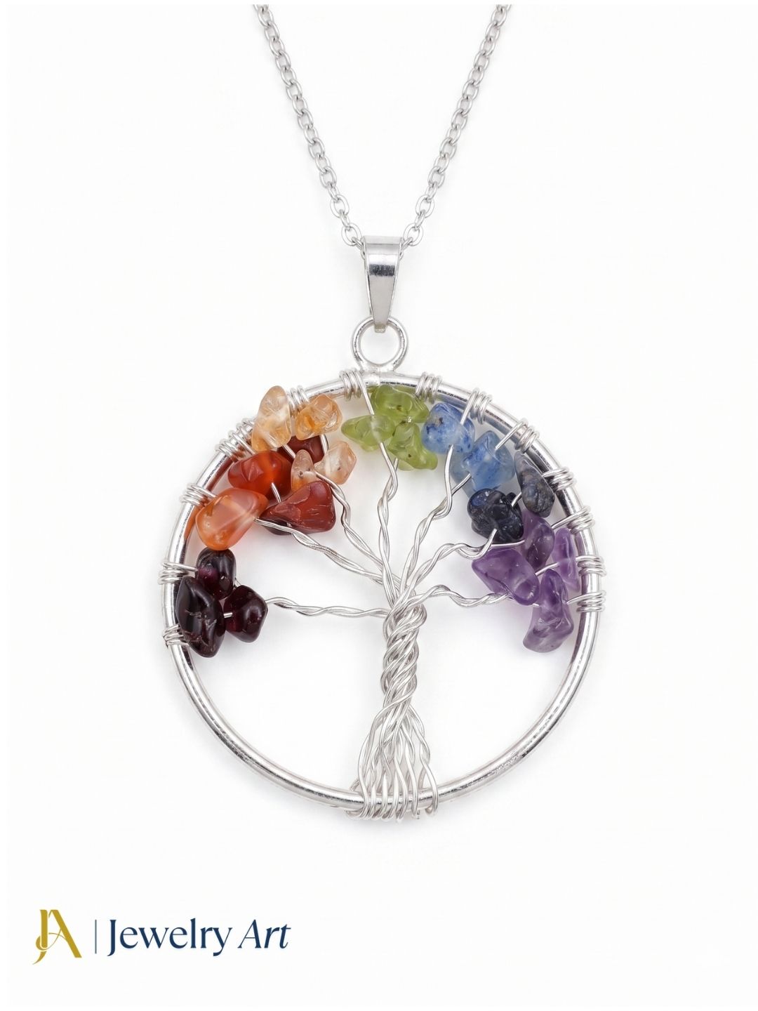 Artistic Handcrafted Silver plated Multi Color Rough Semi Precious Stones- Wire Wrapped Tree Designer Pendant